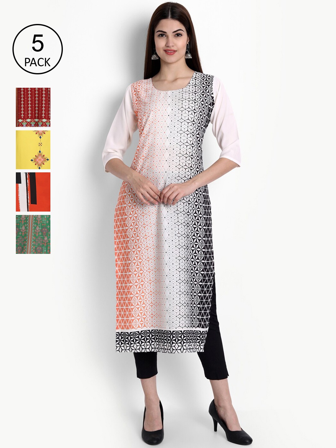 

Ethnic basket Women Multicoloured Set of 5 Ethnic Motifs Printed Crepe Kurta, Multi
