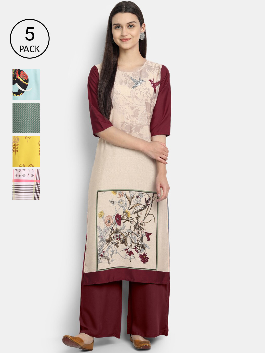 

Ethnic basket Women Multicoloured Set of 5 Ethnic Motifs Printed Crepe Kurta, Multi