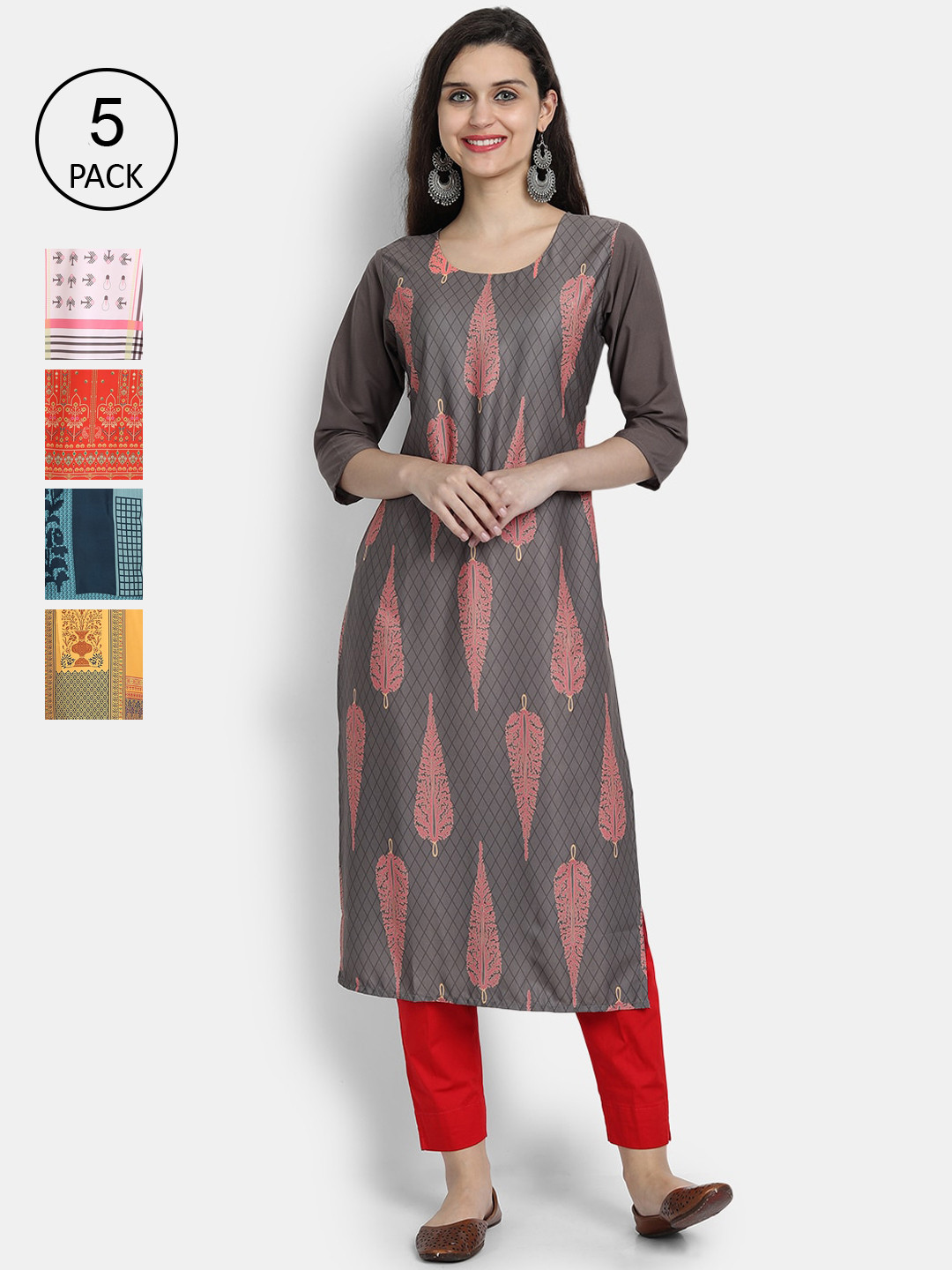 

Ethnic basket Women Pack Of 5 Multicoloured Ethnic Motifs Printed Crepe Kurta, Multi