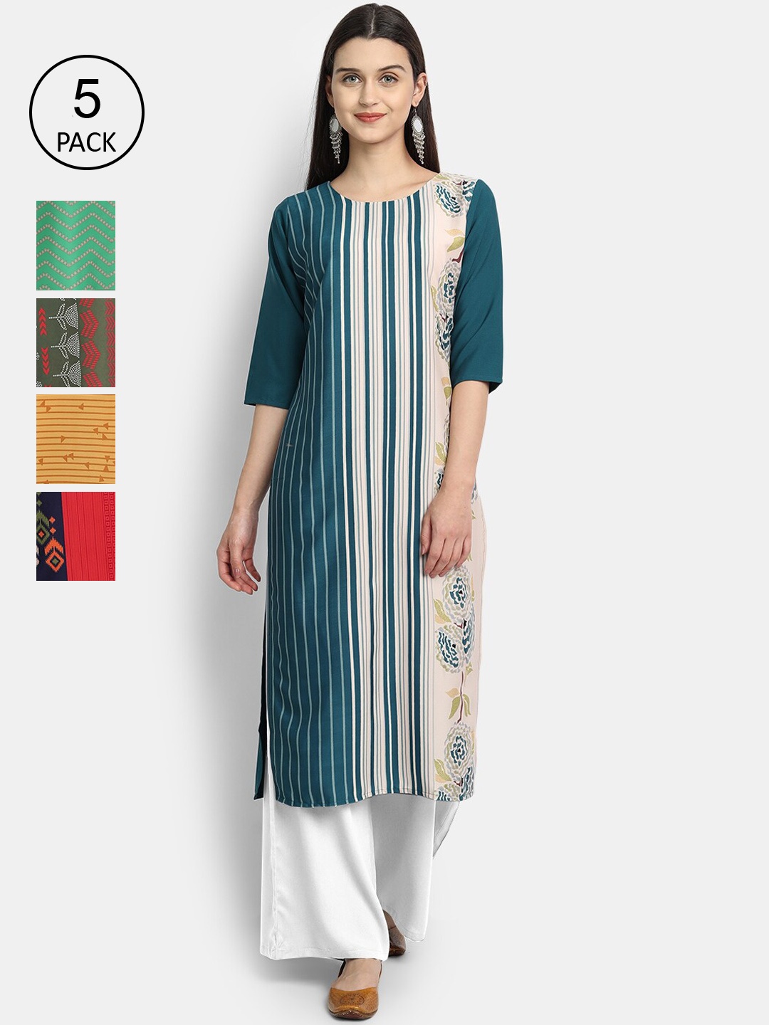 

Ethnic basket Women Pack of 5 Multicoloured Geometric Printed Crepe Kurta, Multi