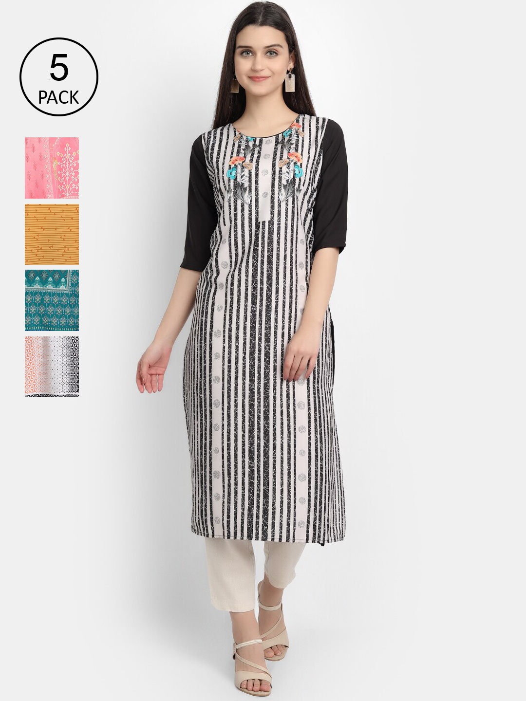 

Ethnic Basket Women Pack Of 5 Digital Print Straight Kurtas, Multi