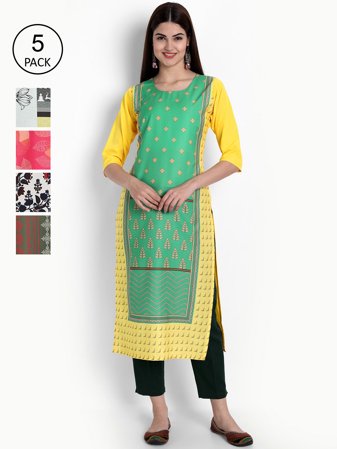 

Ethnic basket Women Pack of 5 Green & Pink Geometric Printed Crepe Kurtas