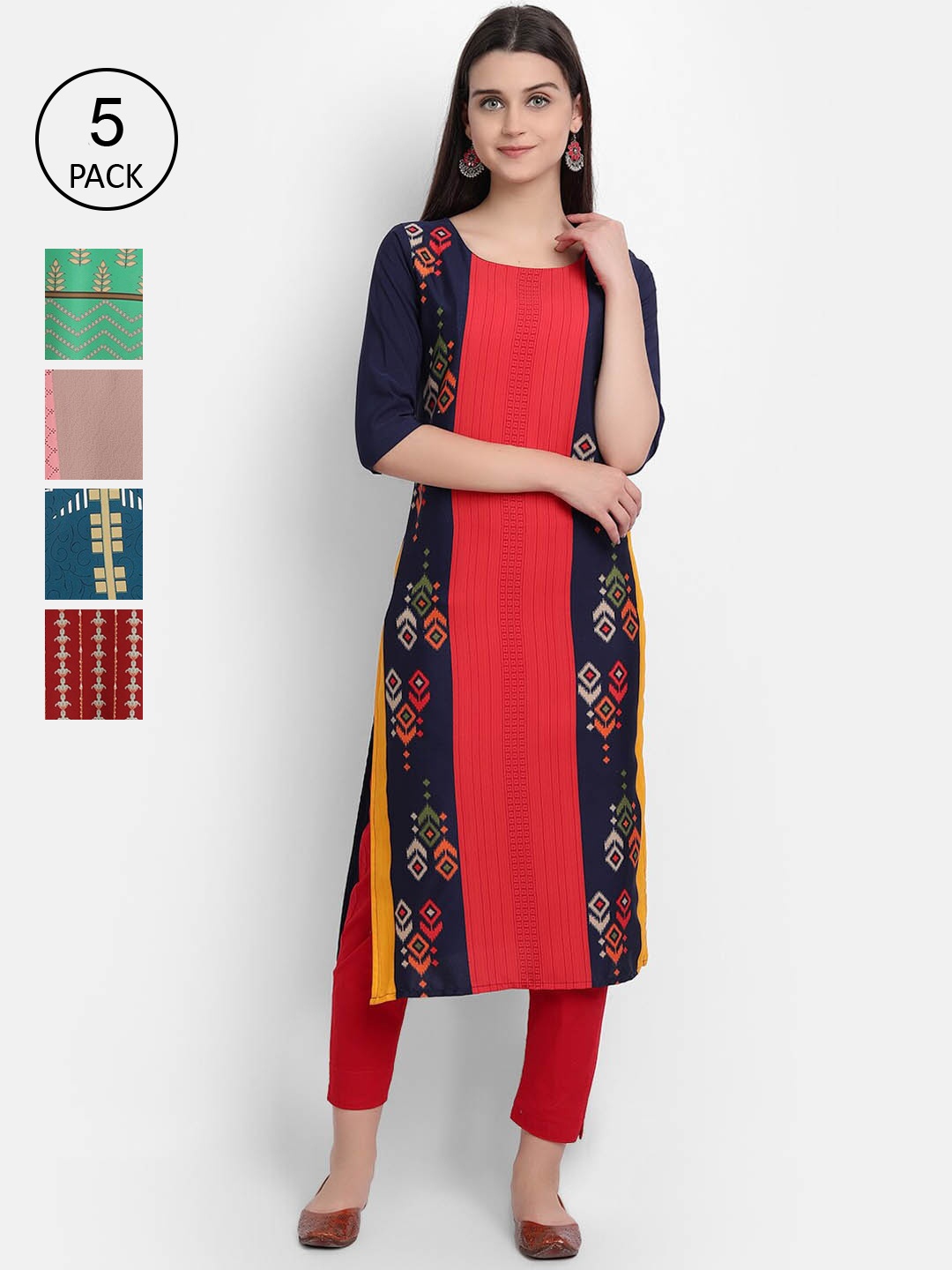 

Ethnic basket Women Pack Of 5 Digital Print Straight Kurtas, Multi