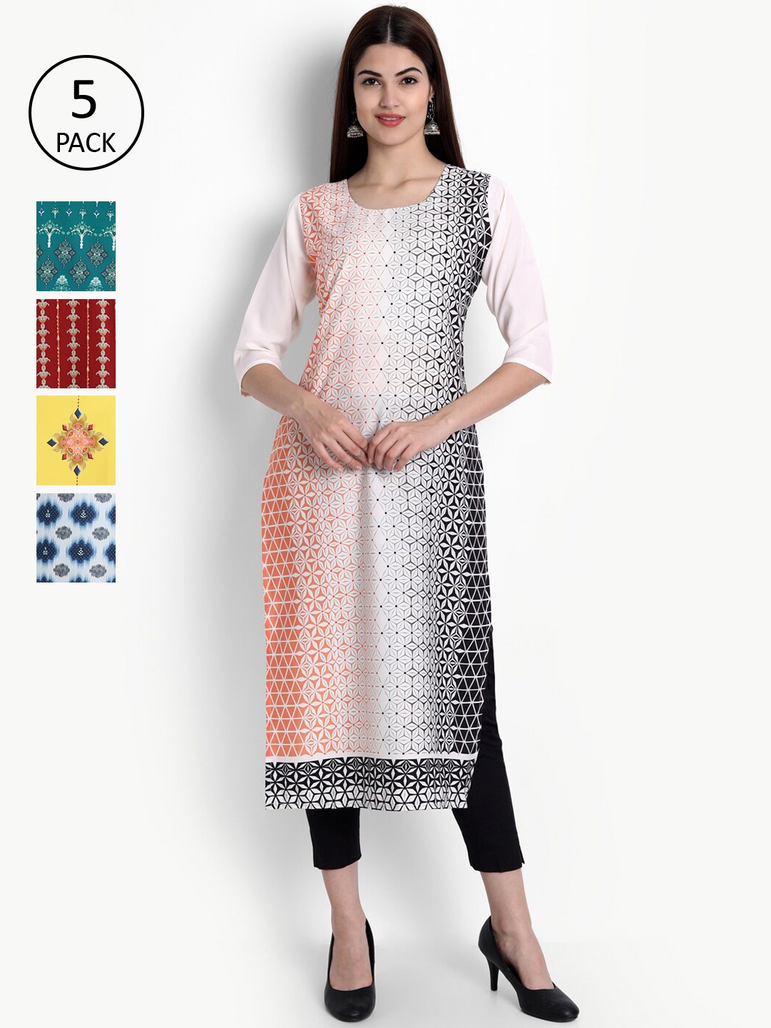 

Ethnic basket Women Multicoloured Set of 5 Ethnic Motifs Printed Crepe Kurta, Multi