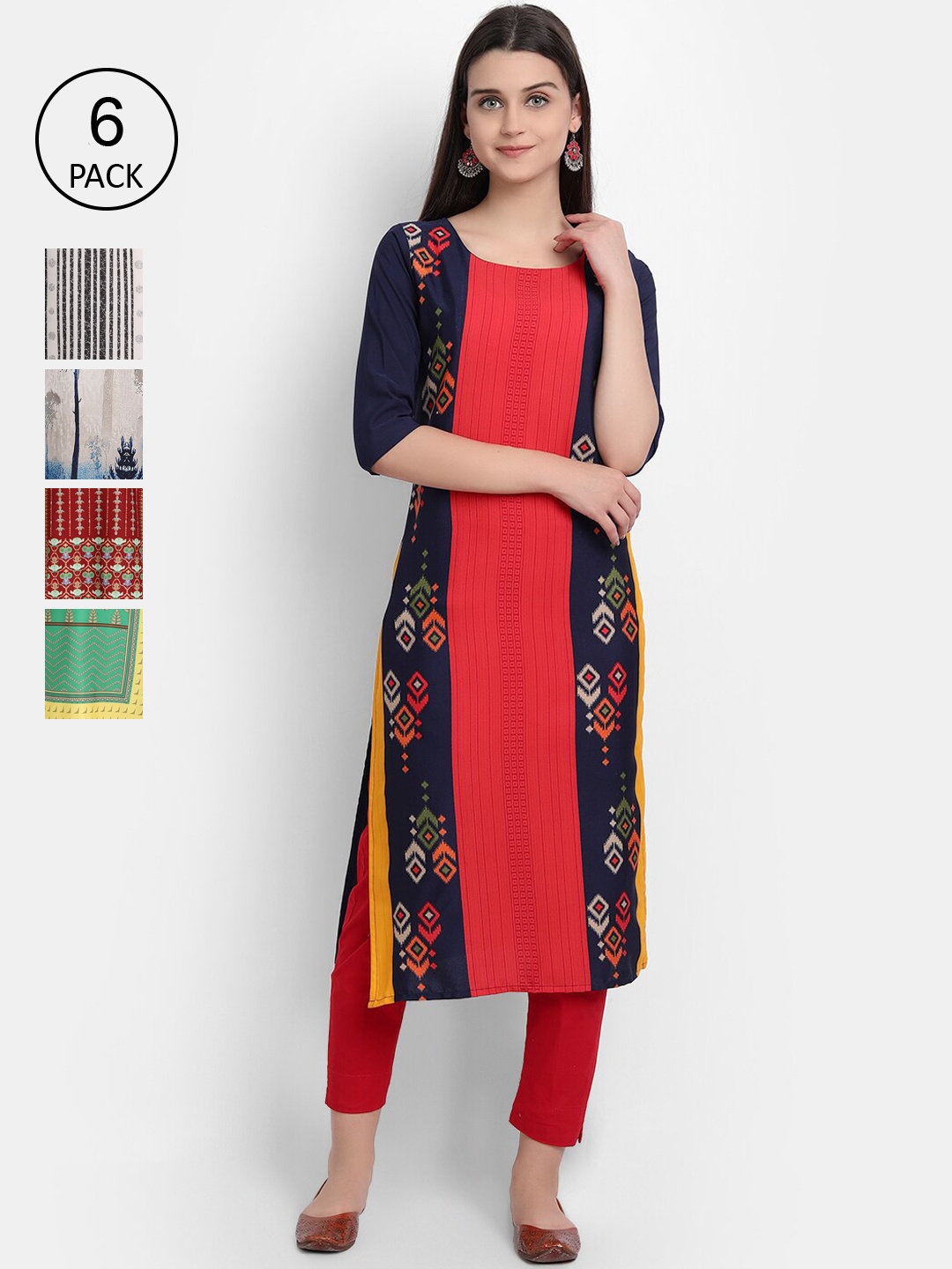 

Ethnic basket Women Pack Of 6 Digital Print Straight Kurtas, Multi