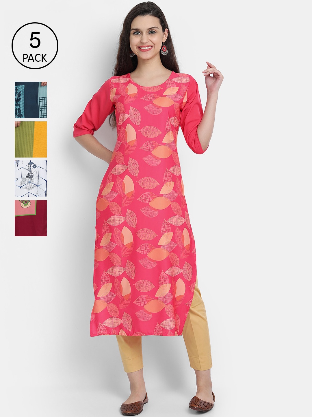 

Ethnic Basket Women Pack Of 5 Digital Print Straight Kurtas, Multi