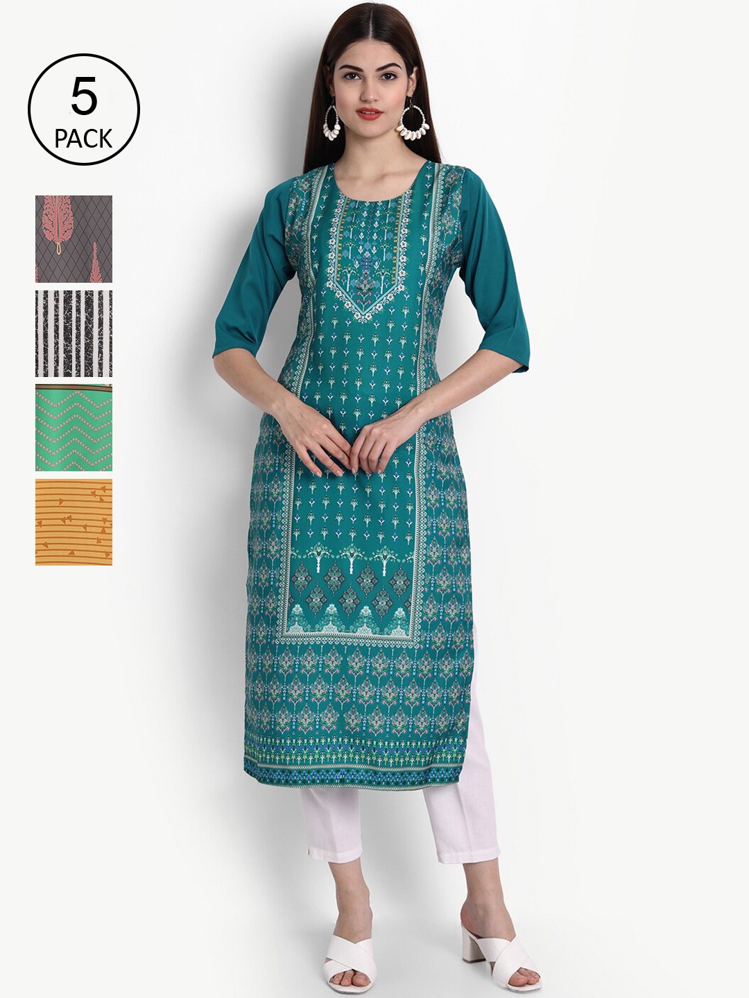 

Ethnic basket Women Pack of 5 Ethnic Motifs Printed Crepe Kurta, Green