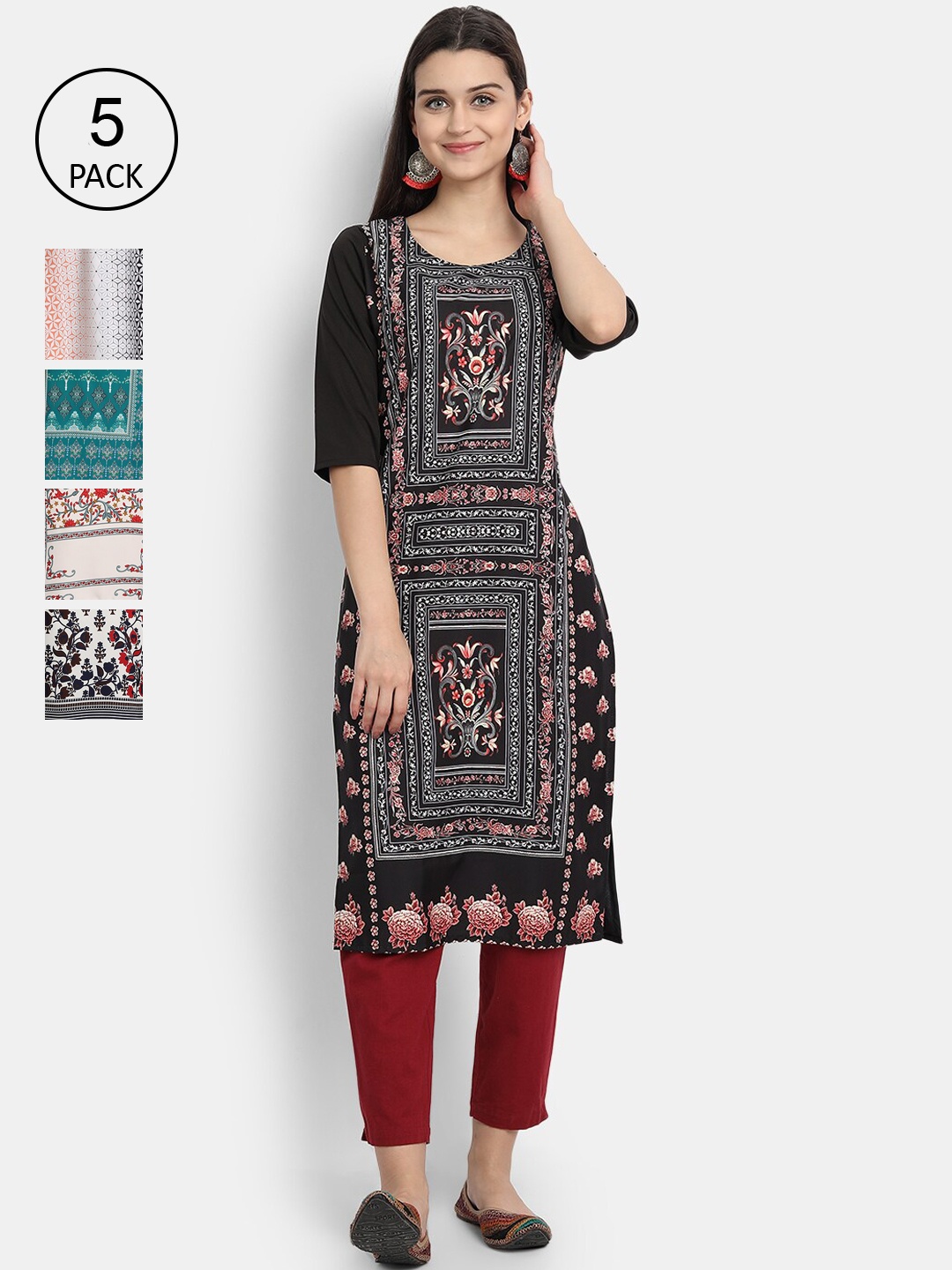 

Ethnic basket Women Pack of 5 Multicoloured Ethnic Motifs Printed Crepe Kurta, Multi