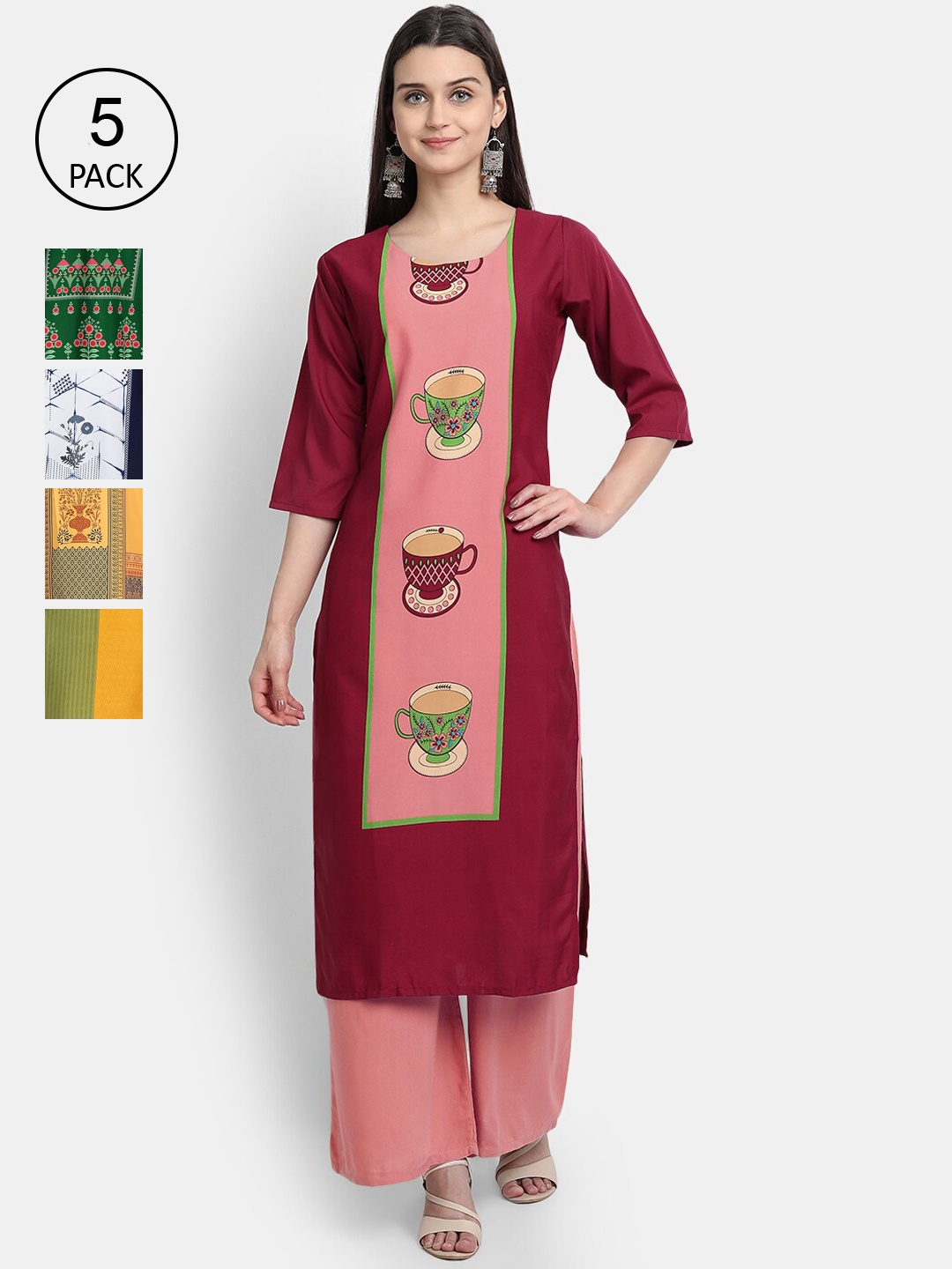 

Ethnic basket Women Pack Of 5 Multicoloured Ethnic Motifs Printed Crepe Kurta, Multi