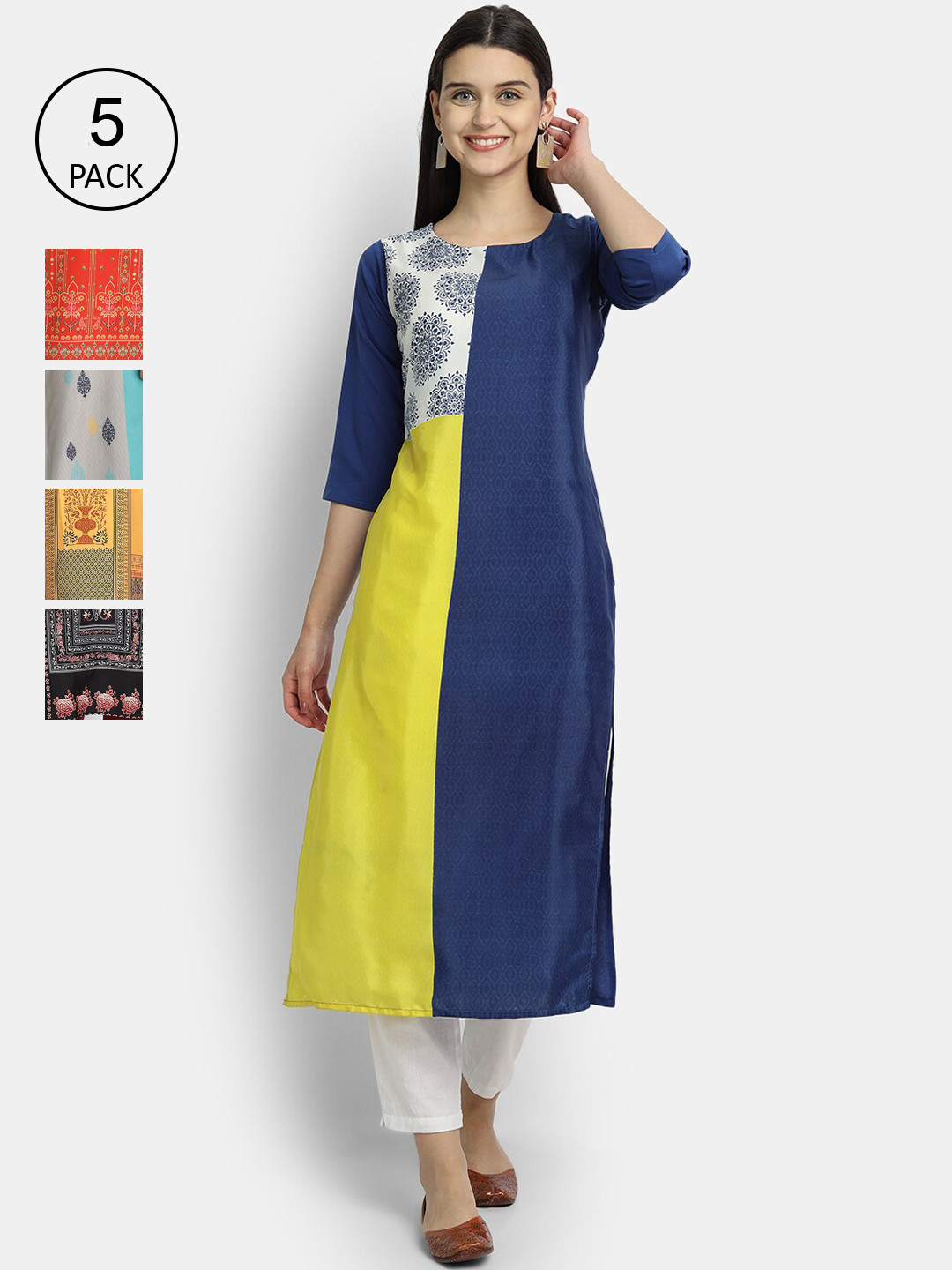 

Ethnic basket Women Pack Of 5 Digital Print Straight Kurtas, Multi