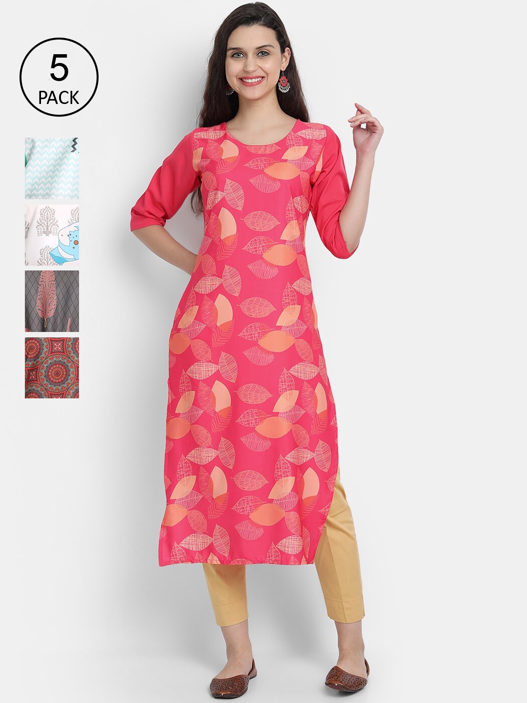 

Ethnic Basket Women Pack Of 5 Digital Print Straight Kurtas, Multi