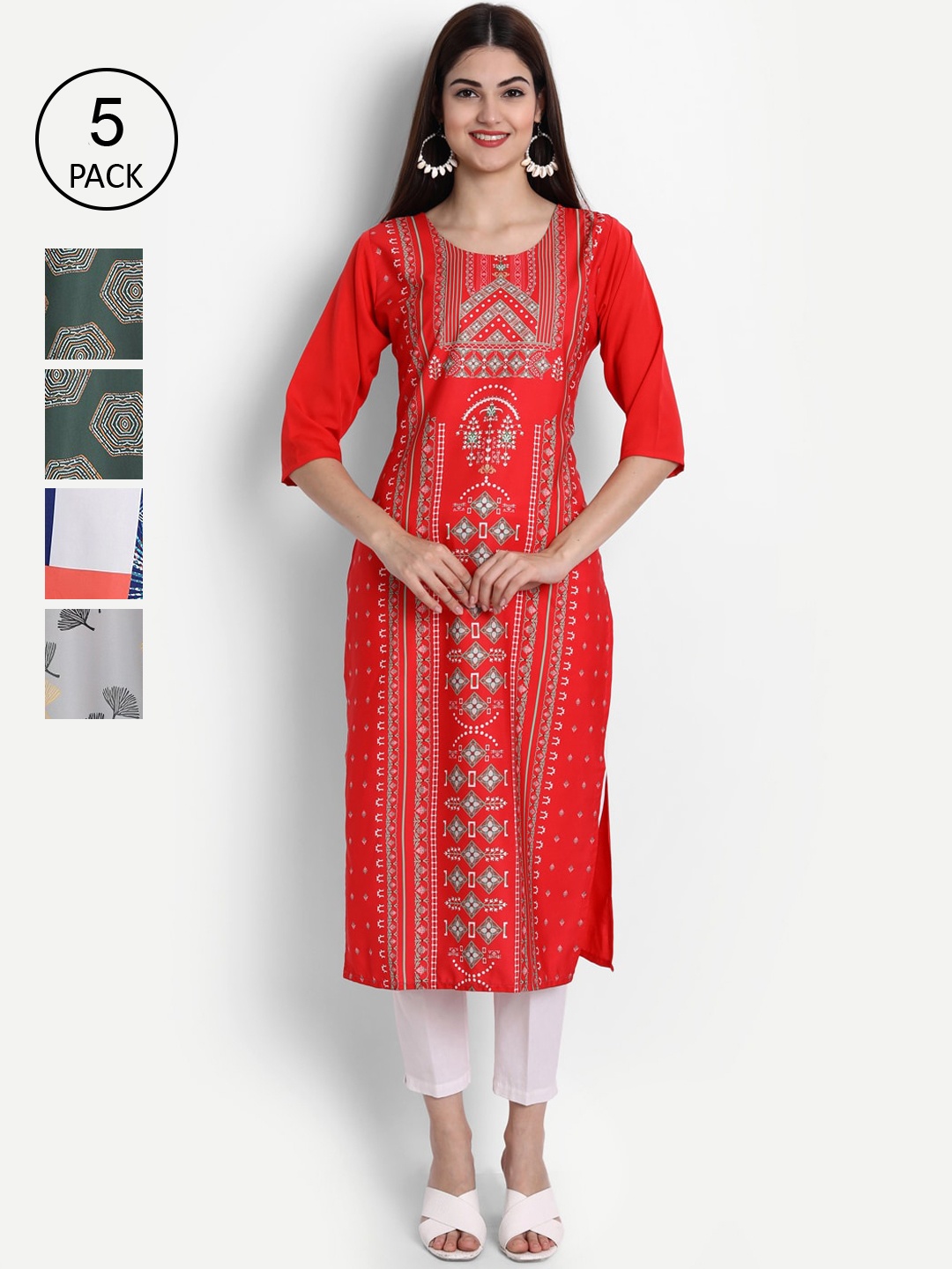 

Ethnic basket Women Pack Of 5 Multicoloured Ethnic Motifs Printed Crepe Kurta, Multi