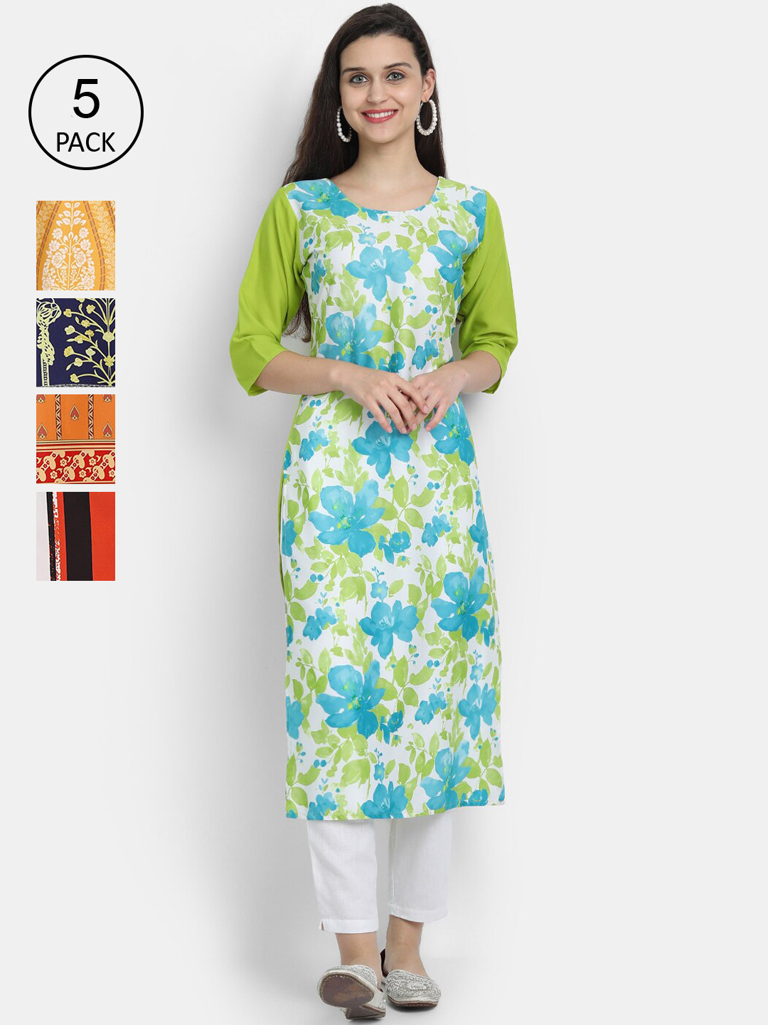 

Ethnic basket Women Pack of 5 Multicoloured Ethnic Motifs Printed Crepe Kurta, Multi