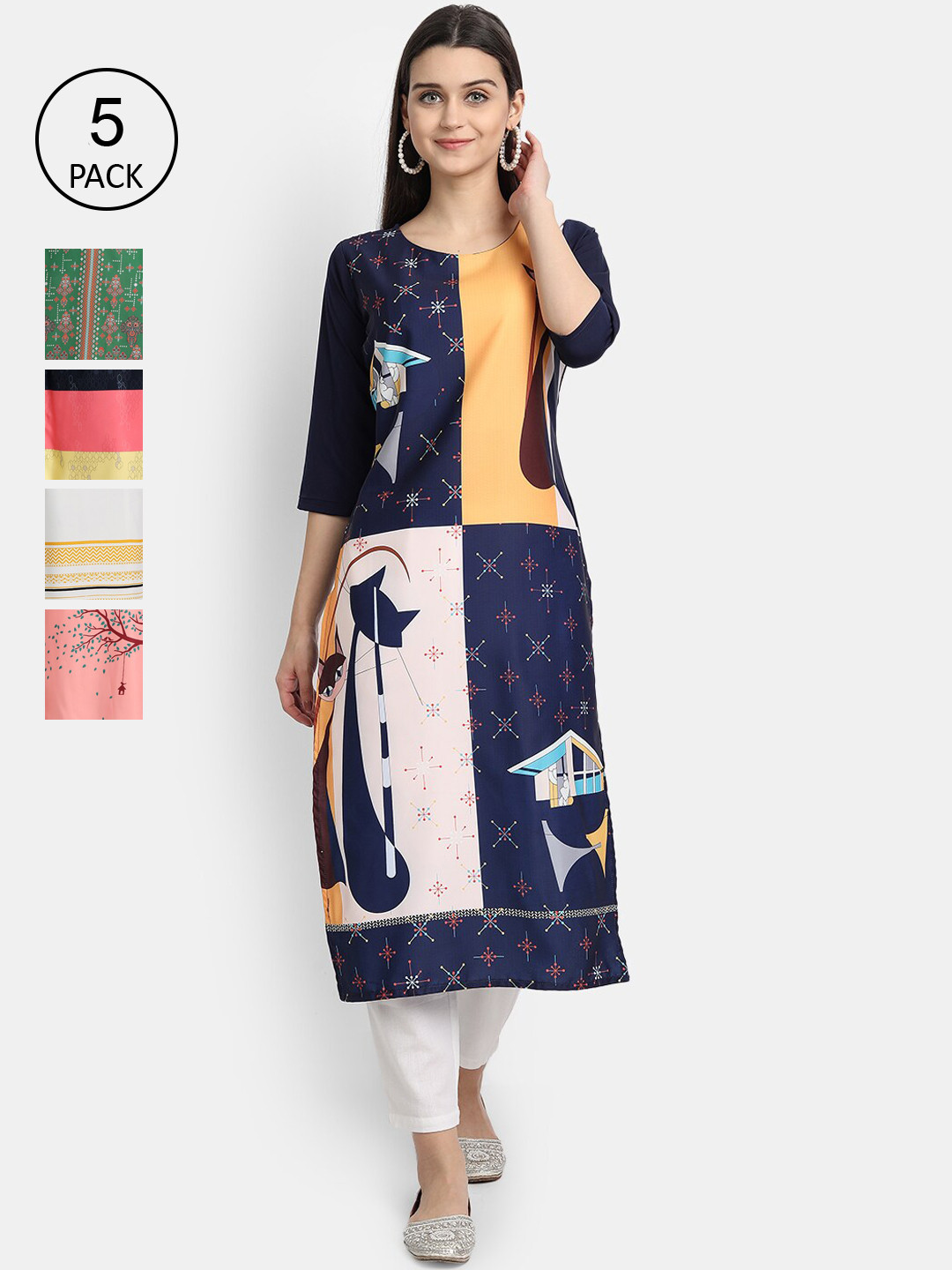 

Ethnic basket Women Pack of 5 Multicoloured Ethnic Motifs Printed Crepe Kurta, Multi