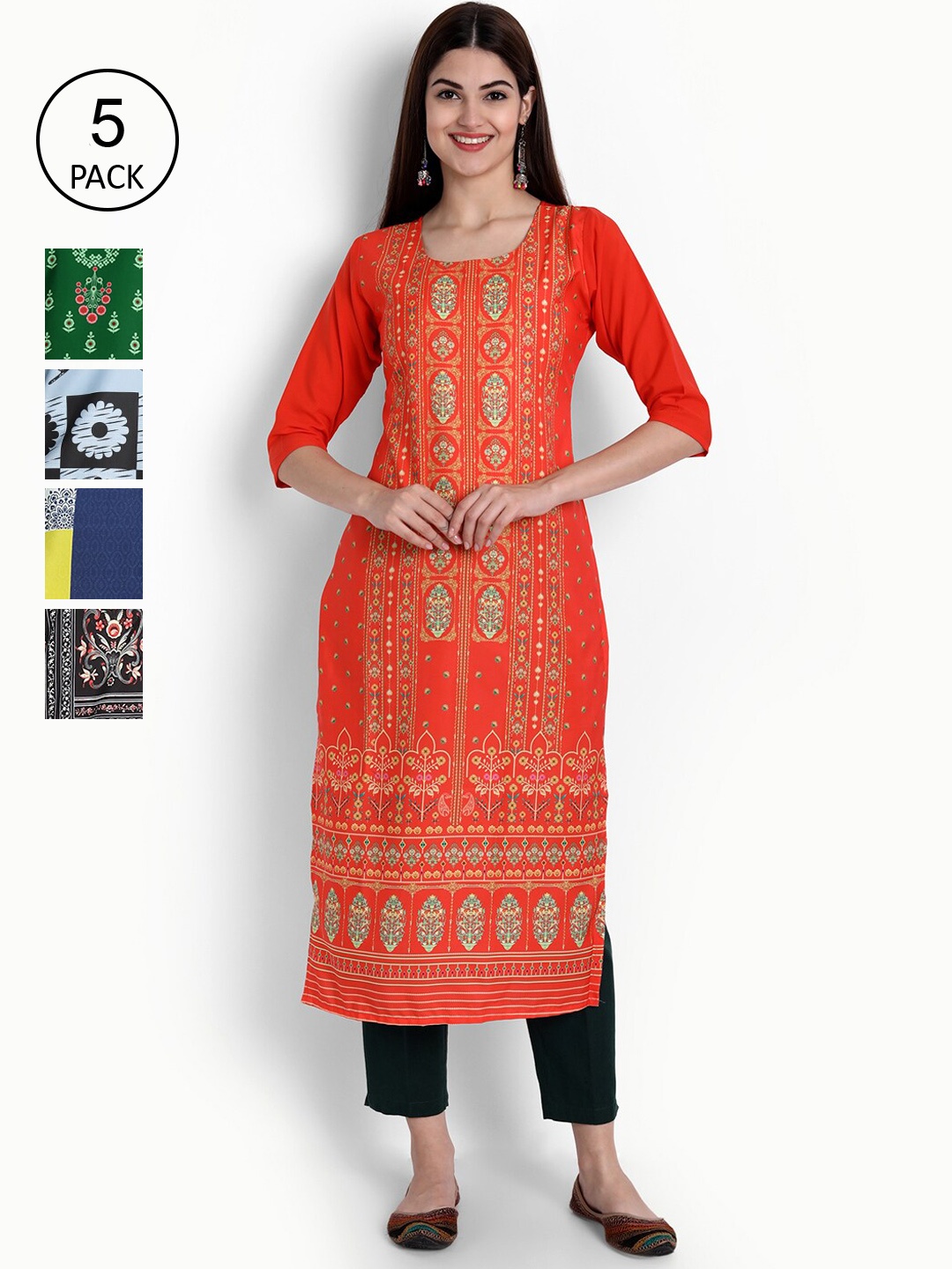 

Ethnic basket Women Pack of 5 Orange & Black Ethnic Motifs Printed Crepe Kurtas