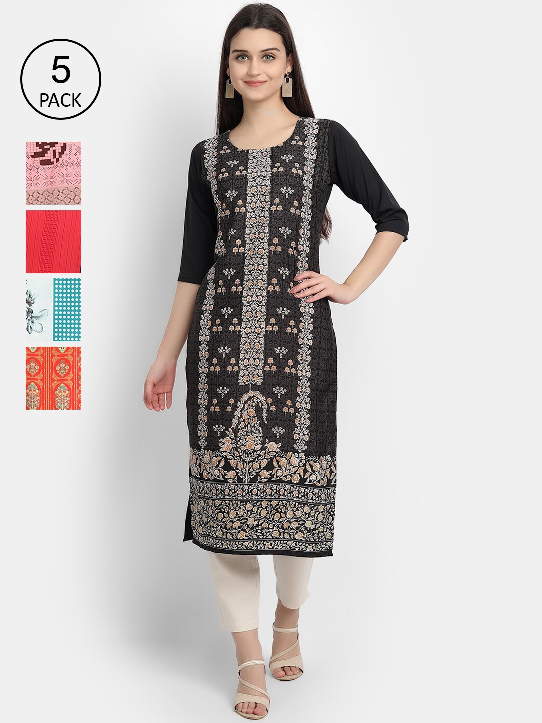 

Ethnic basket Women Pack of 5 Ethnic Motifs Printed Crepe Kurta, Black