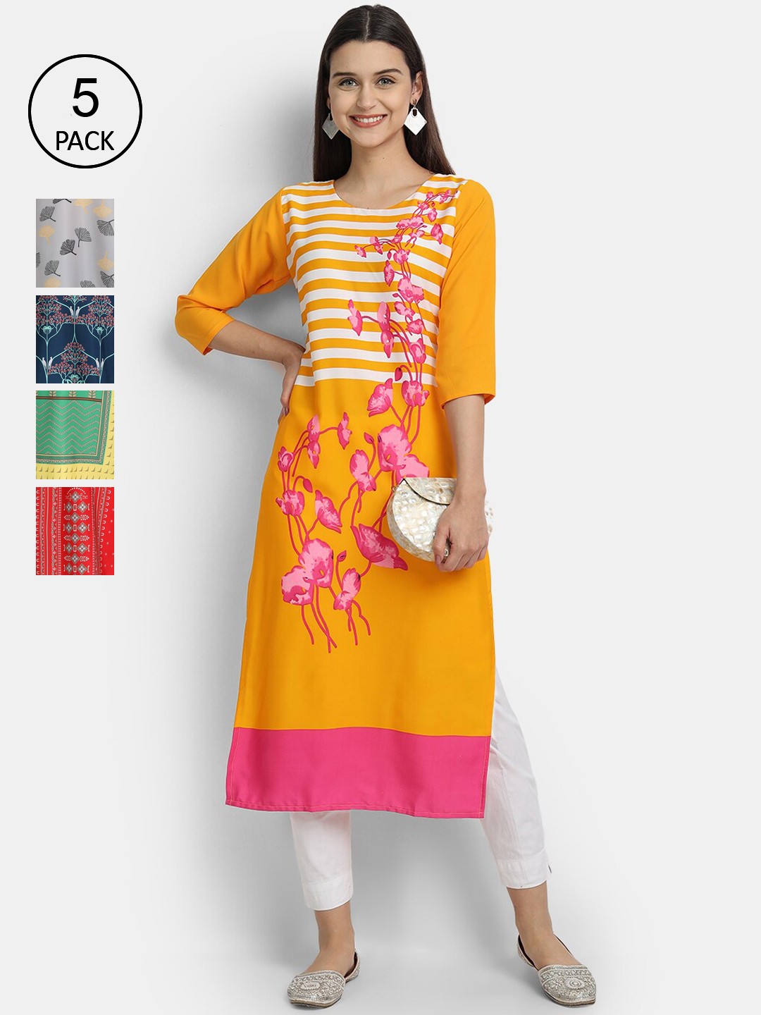 

Ethnic basket Women Pack of 5 Multicoloured Ethnic Motifs Printed Crepe Kurta, Multi