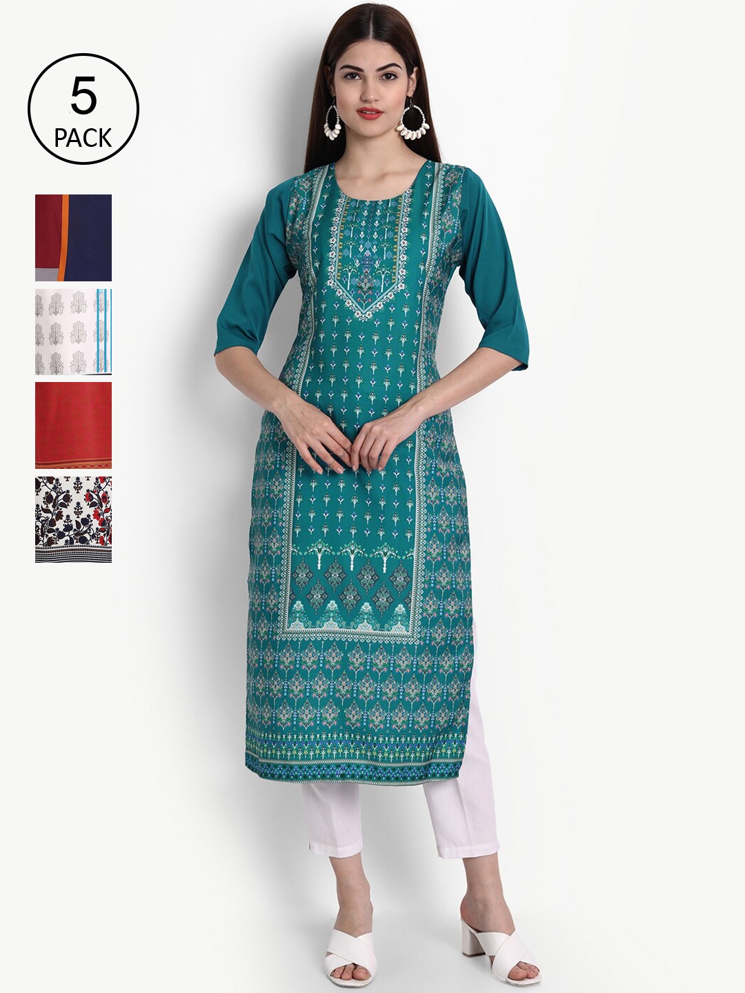 

Ethnic basket Women Pack of 5 Printed Crepe Kurta, Green