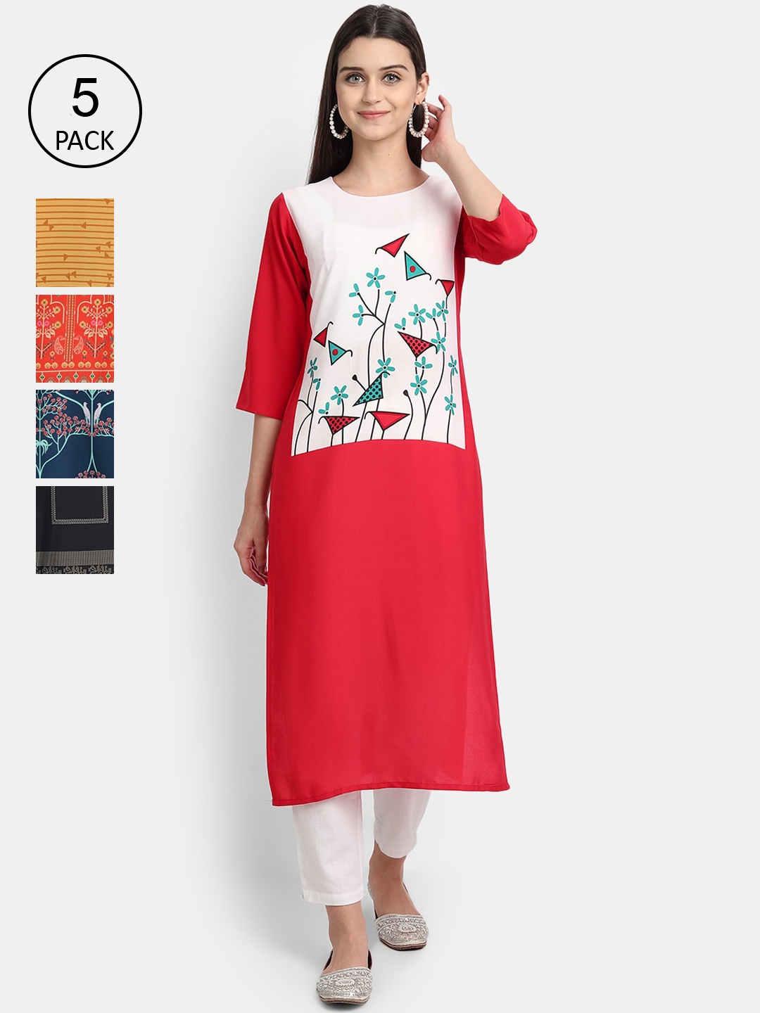 

Ethnic basket Women Pack Of 5 Digital Printed Crepe Kurta, Red