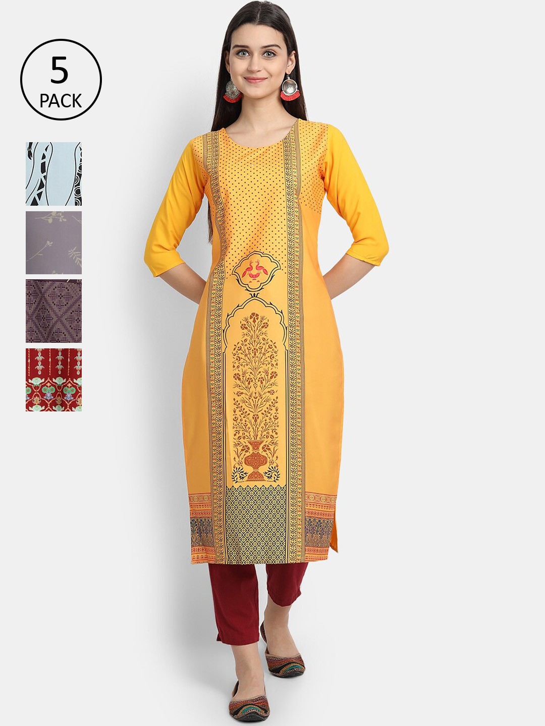 

Ethnic basket Women Pack Of 5 Multicoloured Ethnic Motifs Printed Crepe Kurta, Multi