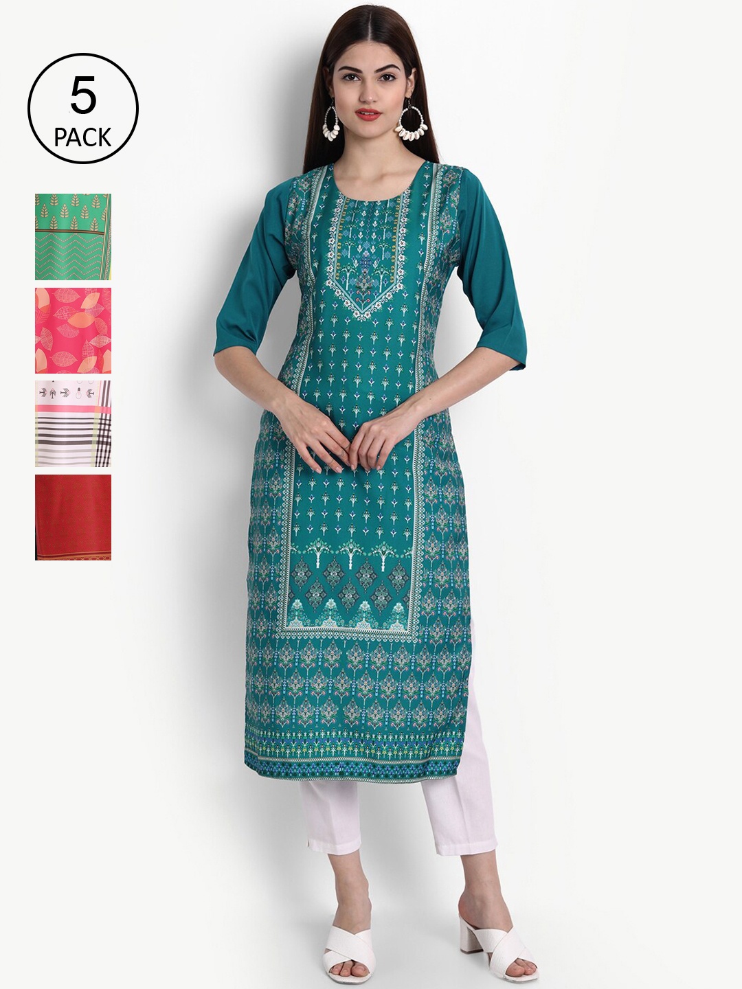 

Ethnic basket Women Pack of 5 Multicoloured Ethnic Motifs Printed Crepe Kurta, Multi