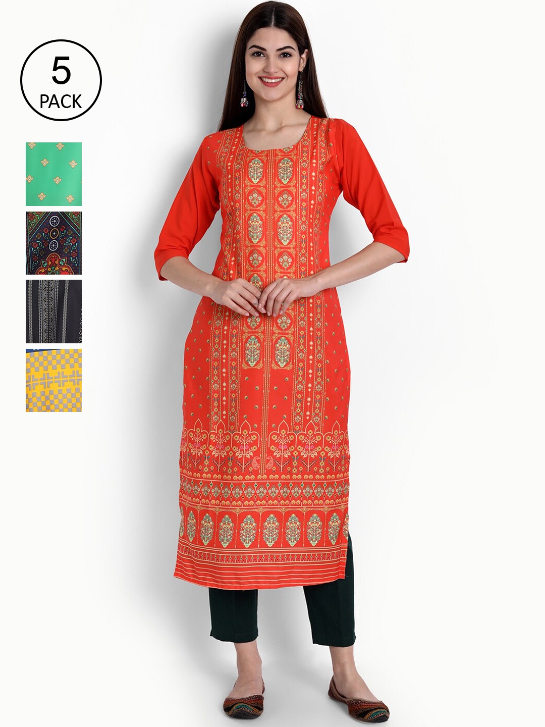 

Ethnic basket Women Pack Of 5 Ethnic Motifs Printed Crepe Kurta, Orange