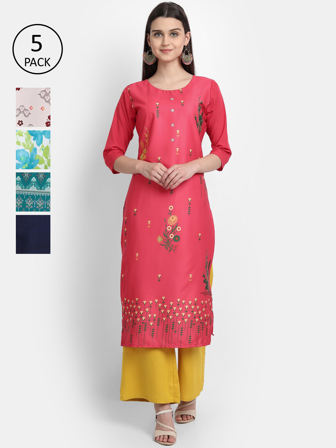 

Ethnic basket Women Pack of 5 Digital Printed Kurtas, Fuchsia