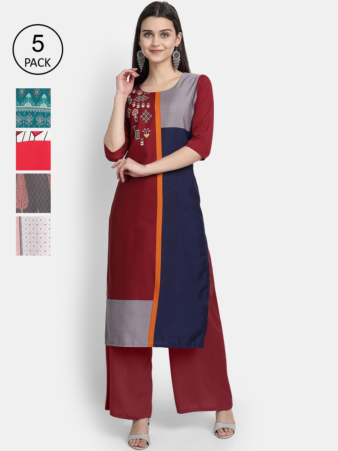 

Ethnic basket Women Pack Of 5 Multicoloured Ethnic Motifs Printed Crepe Kurta, Multi