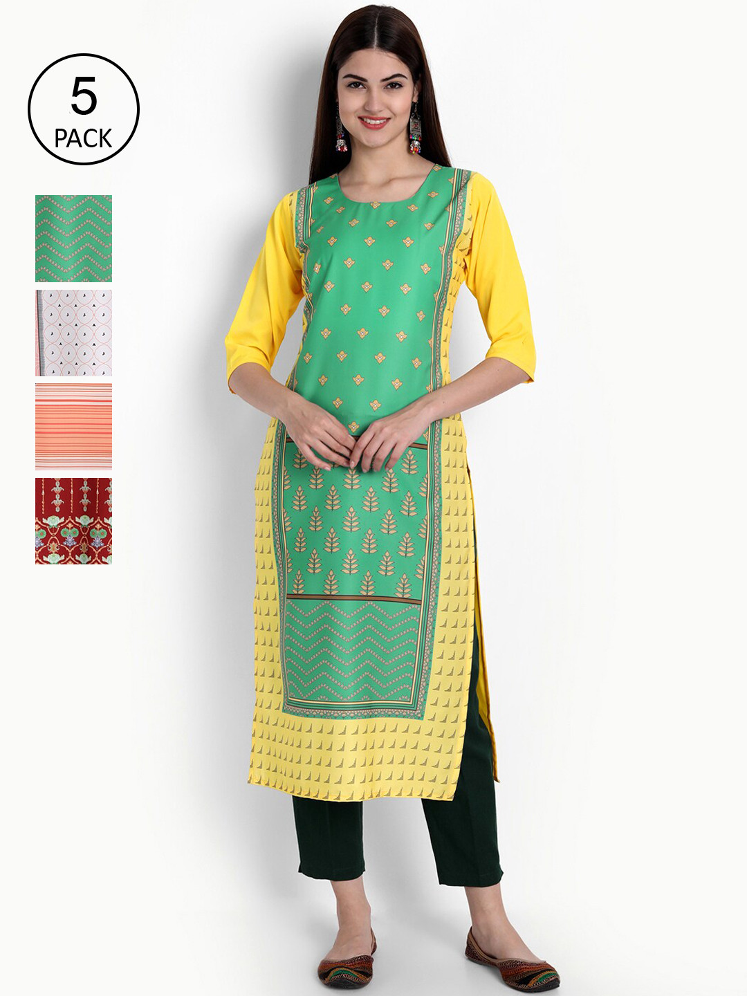 

Ethnic basket Women Pack Of 5 Multicoloured Ethnic Motifs Printed Crepe Kurta, Multi