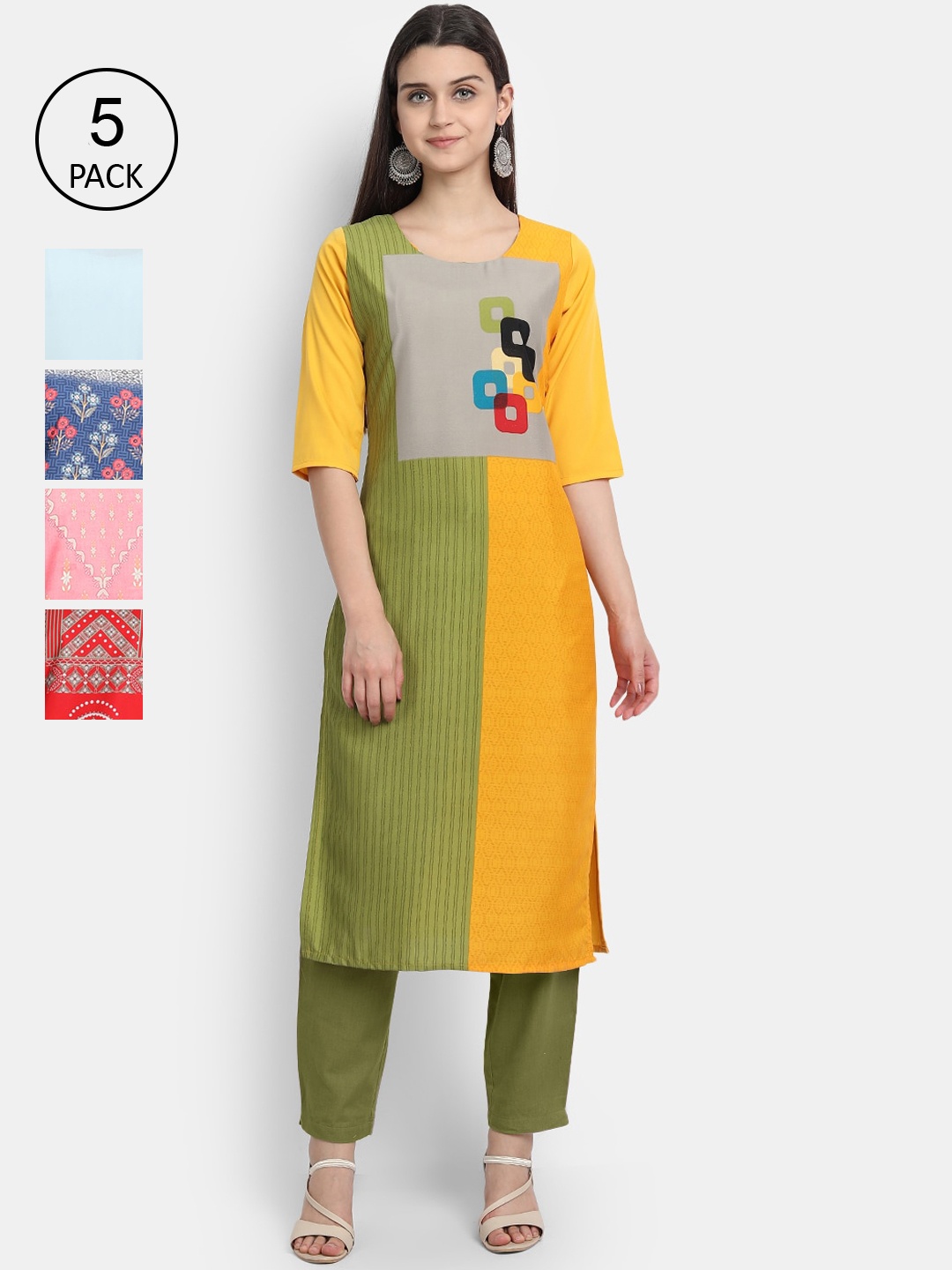 

Ethnic basket Women Pack Of 5 Straight Kurtas, Yellow