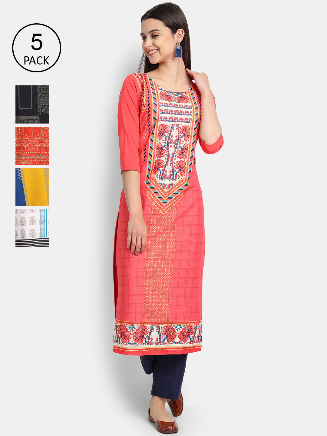 

Ethnic basket Women Pack of 5 Multicoloured Ethnic Motifs Printed Crepe Kurta, Multi