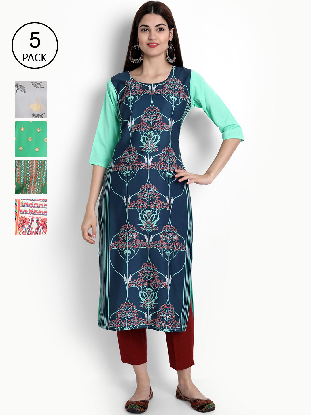 

Ethnic basket Women Multicoloured Set of 5 Ethnic Motifs Printed Crepe Kurta, Multi