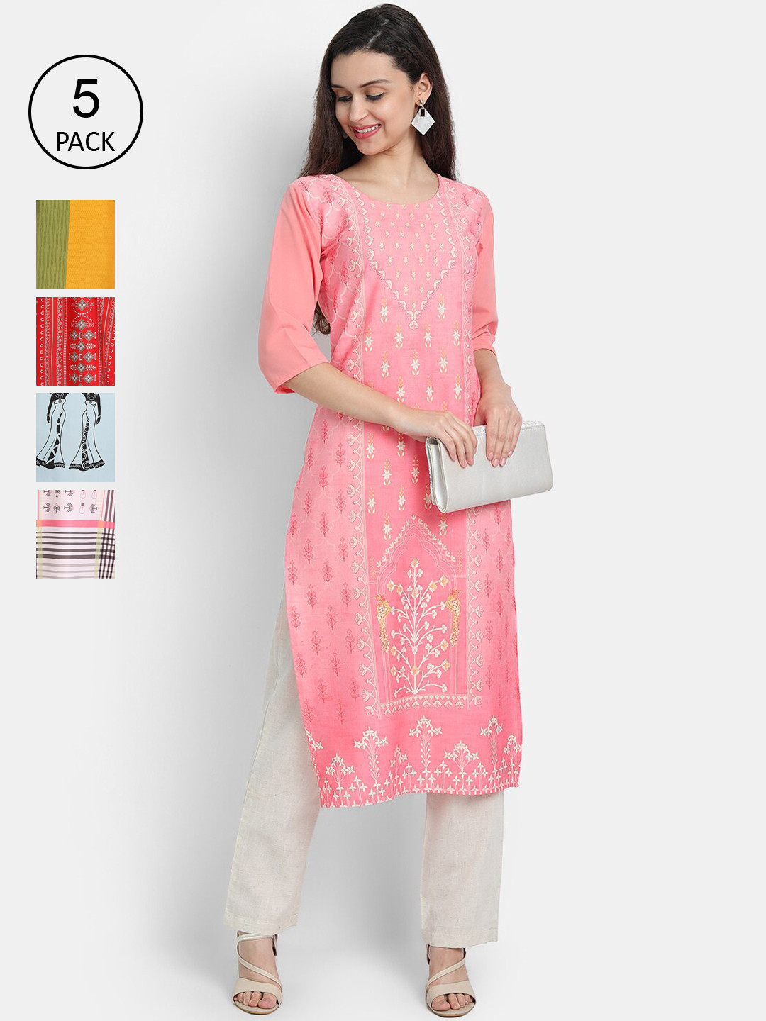 

Ethnic basket Women Pack of 5 Multicoloured Ethnic Motifs Printed Crepe Kurta, Multi