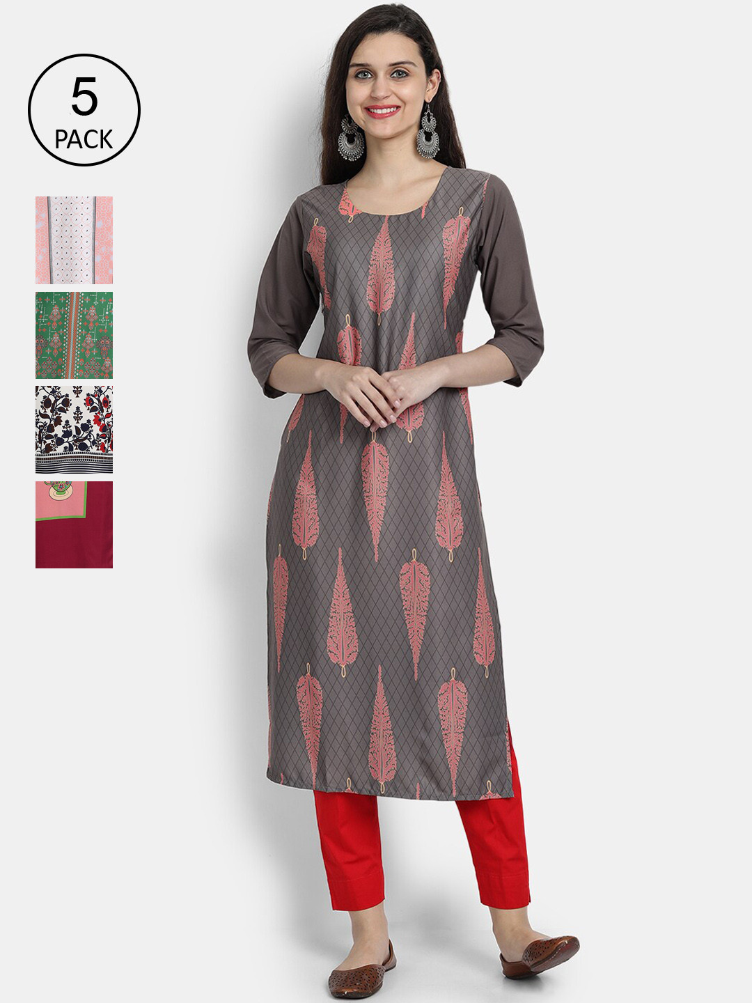 

Ethnic basket Women Pack of 5 Multicoloured Ethnic Motifs Printed Crepe Kurta, Multi