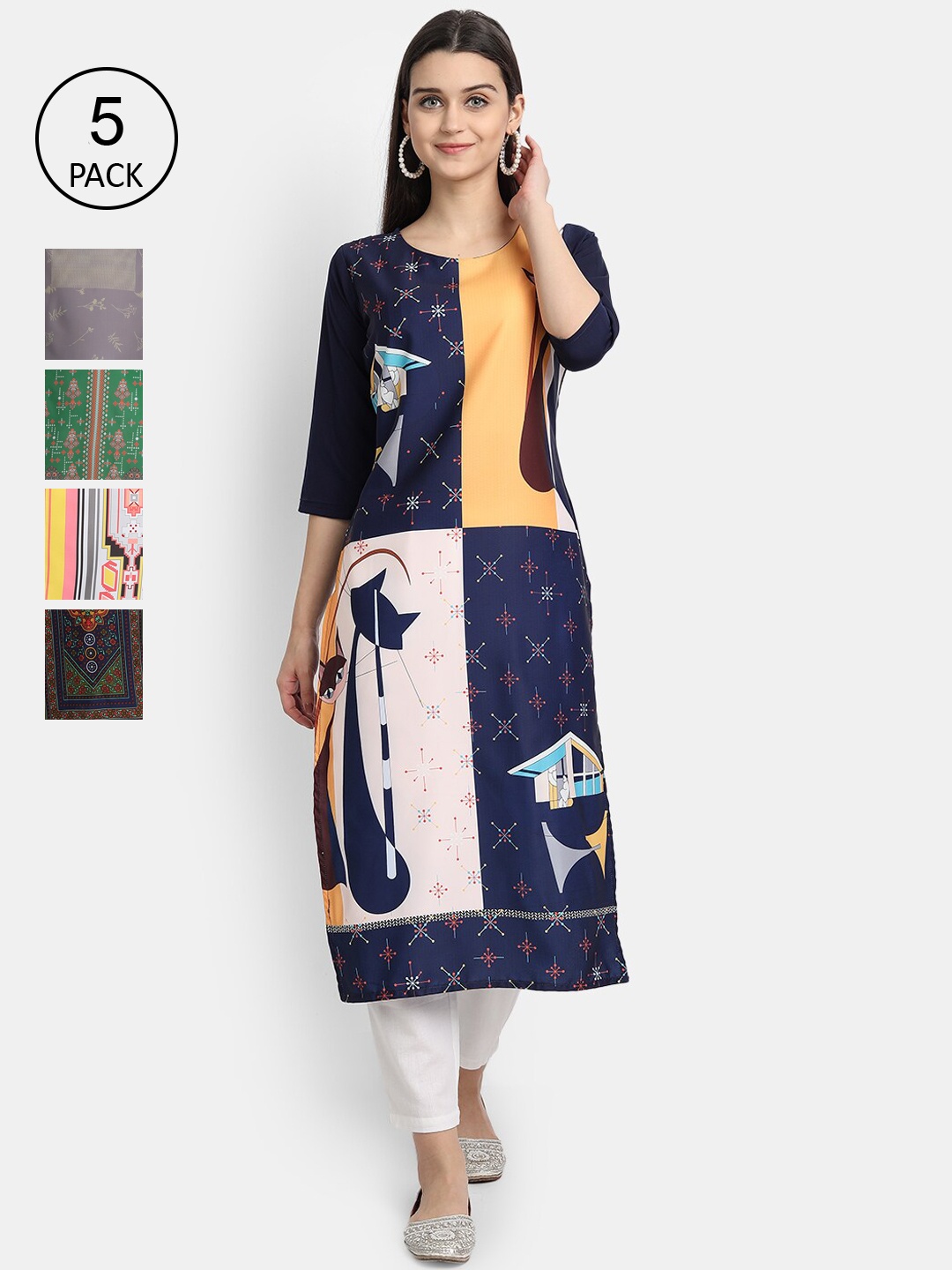 

Ethnic basket Pack Of 5 Ethnic Motifs Printed Crepe Kurta, Navy blue
