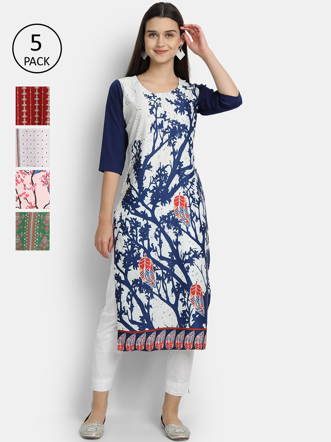 

Ethnic basket Women Maroon & Green Ethnic Motifs Printed Crepe Kurta Pack Of 5