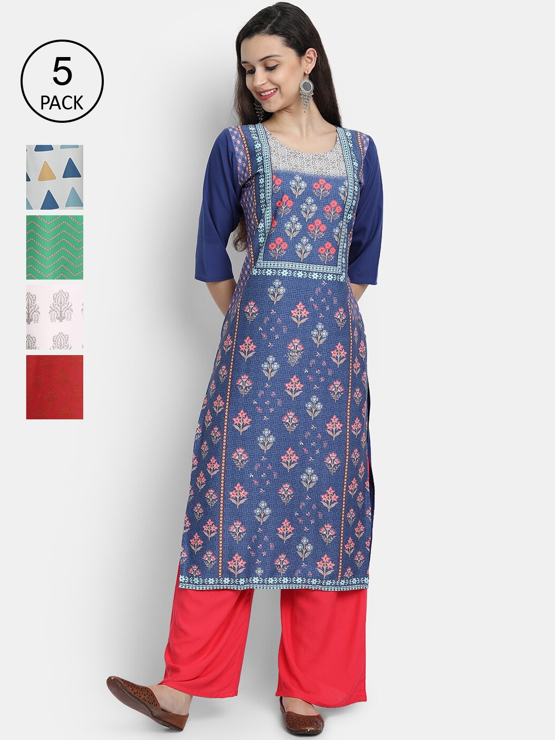 

Ethnic basket Women Pack of 5 Geometric Printed Crepe Kurta, Blue
