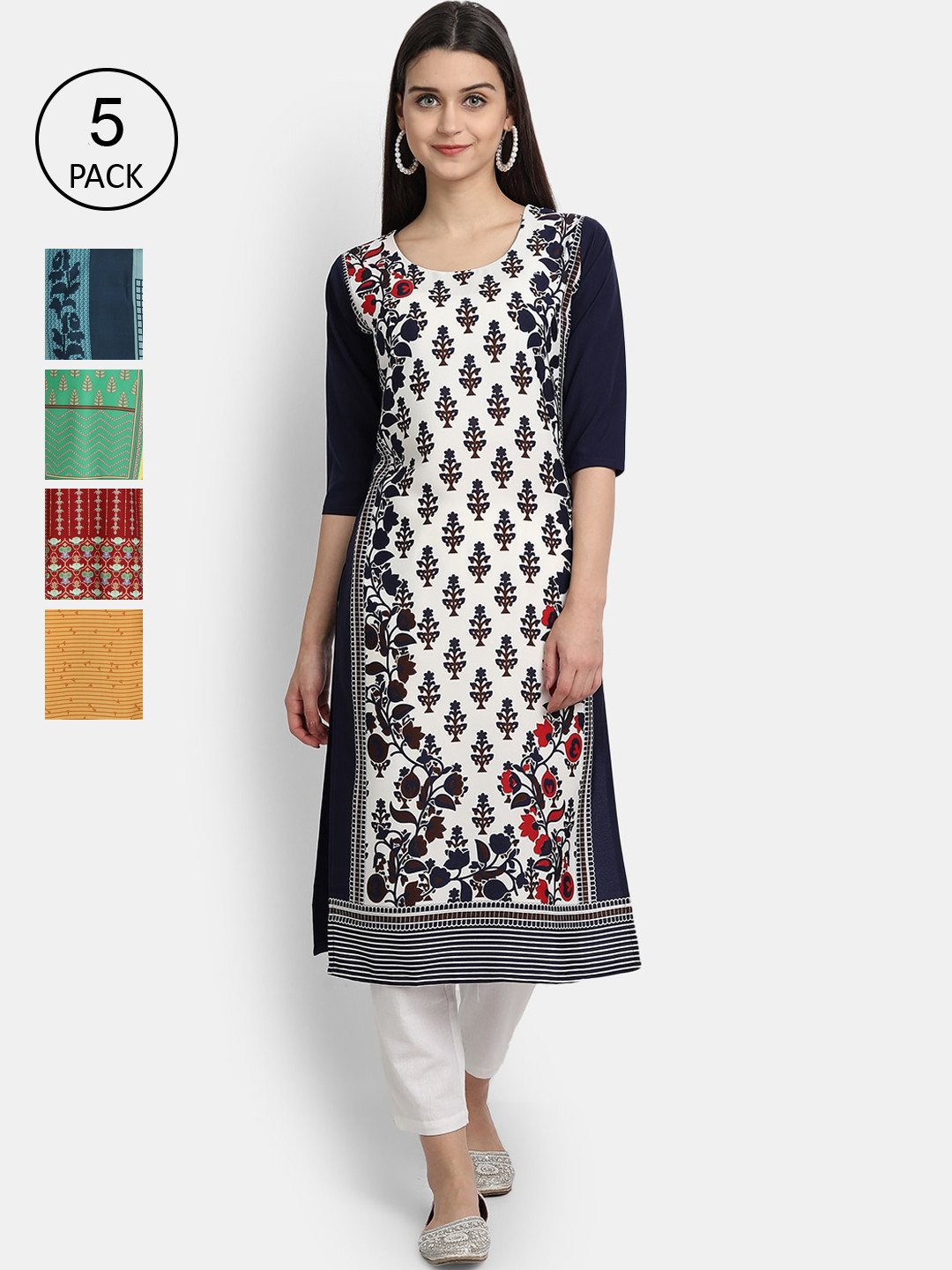 

Ethnic basket Women Pack of 5 Green & Red Geometric Printed Crepe Kurtas