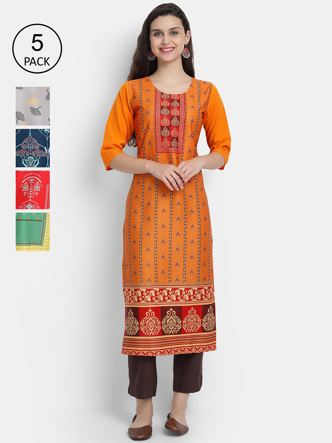 

Ethnic basket Women Pack of 5 Multicoloured Ethnic Motifs Printed Crepe Kurta, Multi