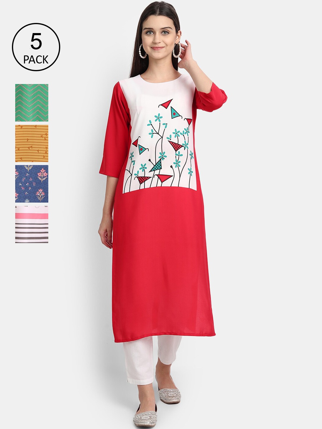 

Ethnic basket Women Multicoloured Set of 5 Floral Printed Crepe Kurta, Multi