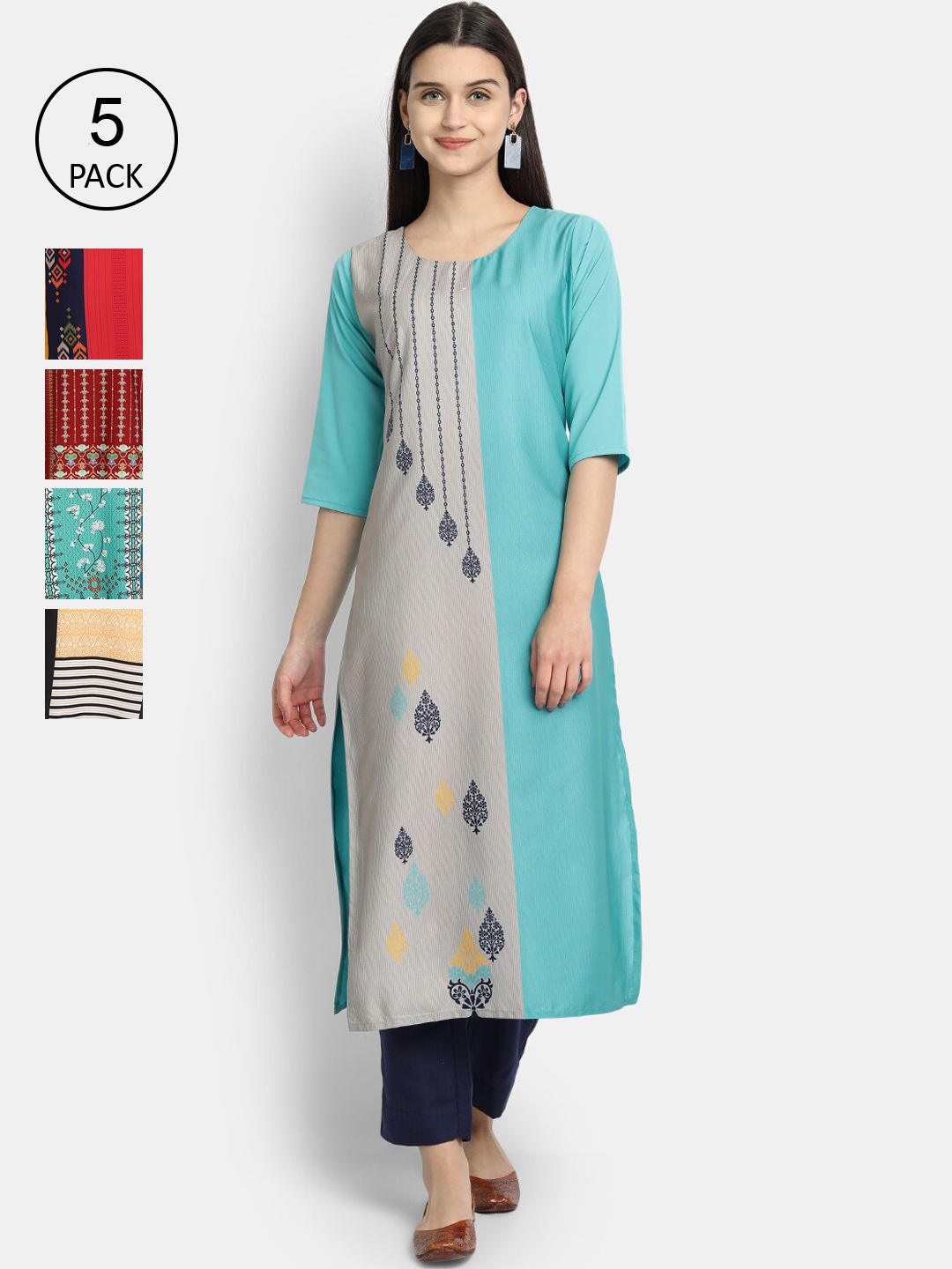 

Ethnic basket Women Pack of 5 Digital Printed Straight Kurtas, Blue