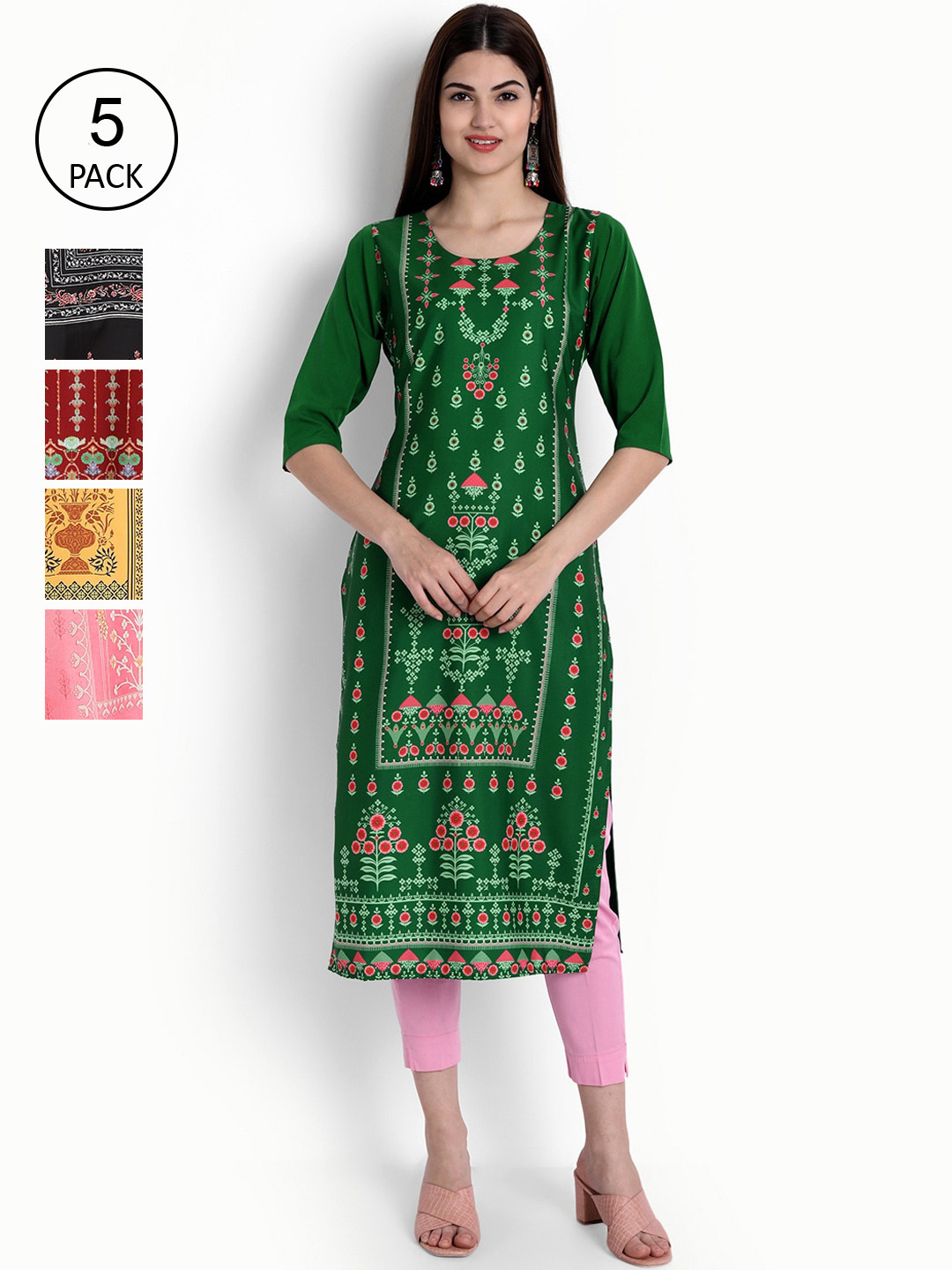 

Ethnic basket Women Pack of 5 Multicoloured Ethnic Motifs Printed Crepe Kurta, Multi