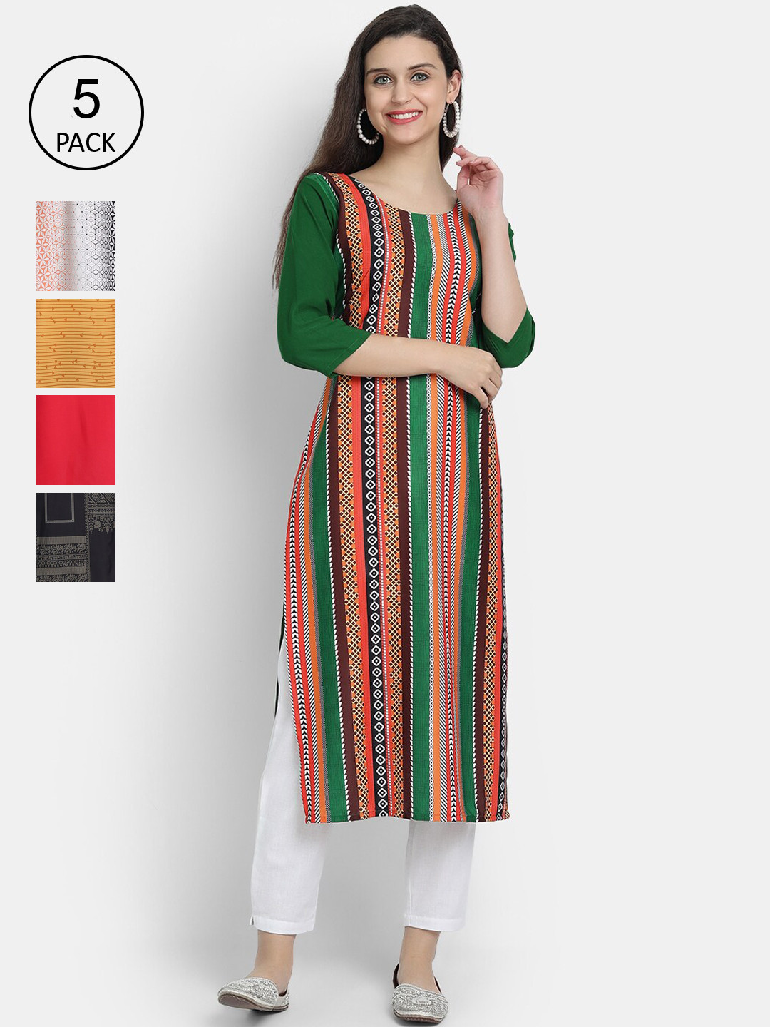 

Ethnic basket Pack Of 5 Ethnic Motifs Printed Crepe Kurta, Green