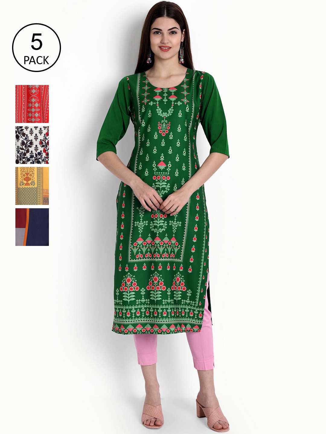 

Ethnic basket Women Pack Of 5 Straight Kurtas, Green