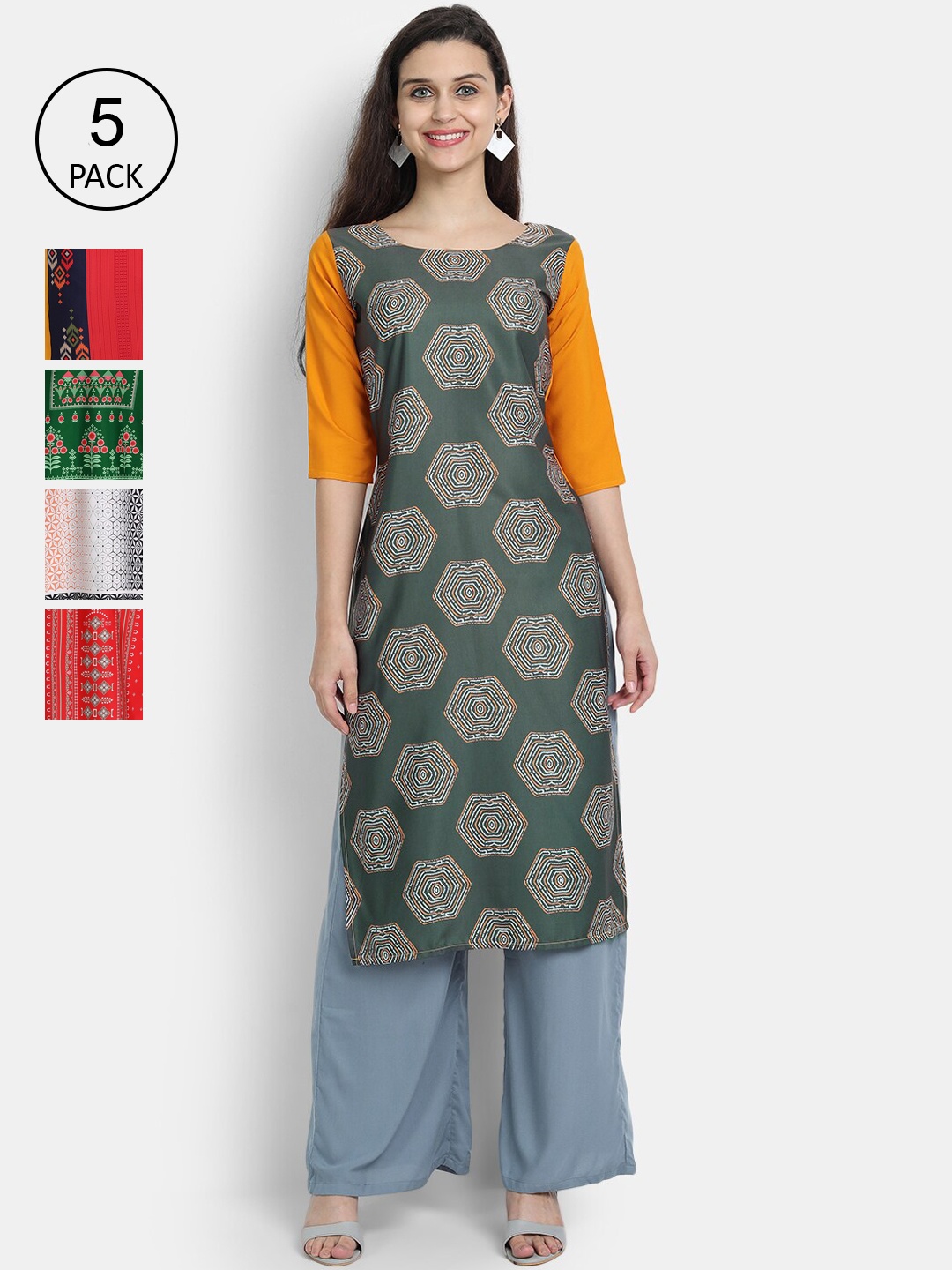 

Ethnic Basket Women Pack Of 5 Digital Print Straight Kurtas, Multi