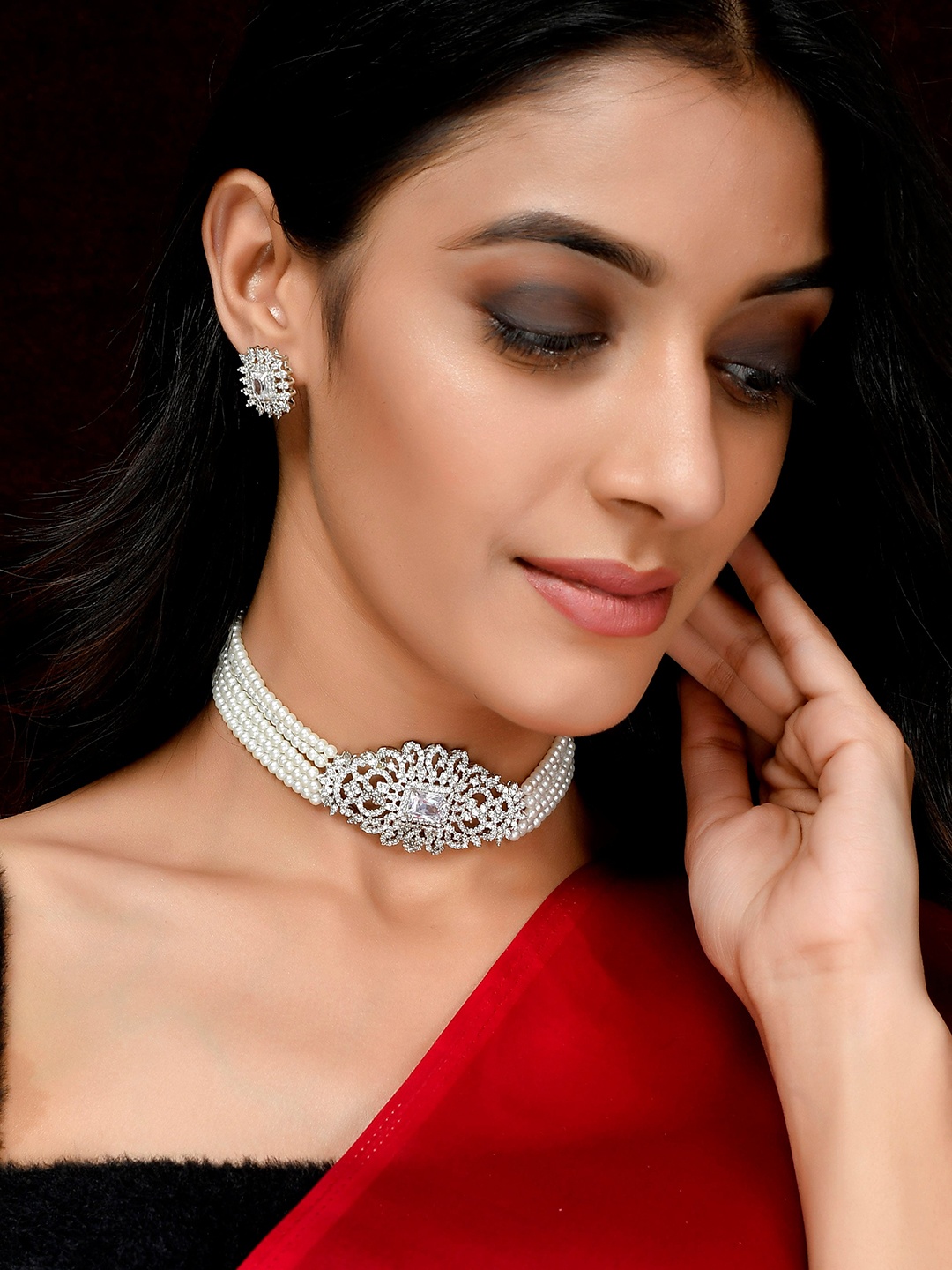 

Silvermerc Designs Silver-Plated AD Studded Choker Jewellery Set