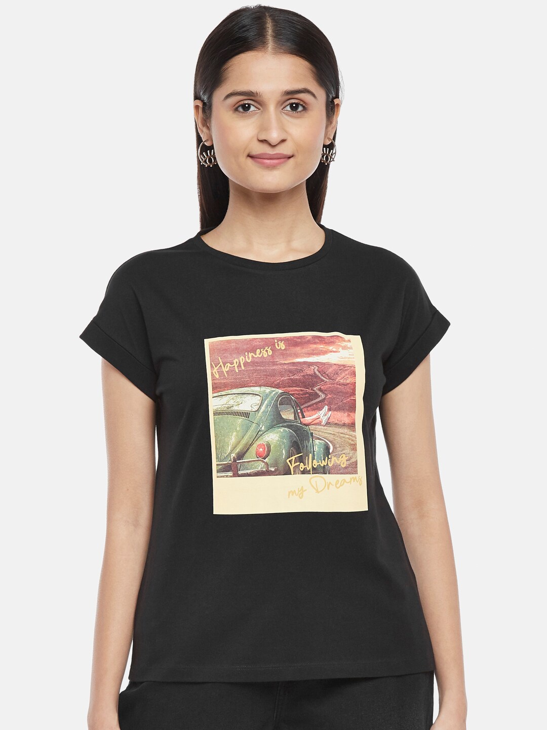 People Women Black & Beige Printed Extended Sleeves Cotton T-shirt