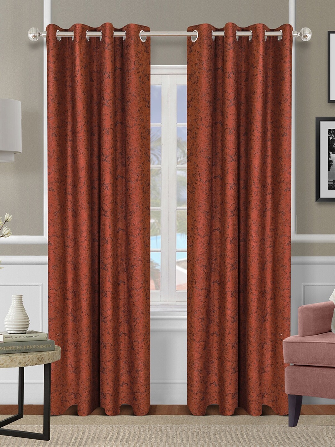 

ROMEE Brown Set of 2 Self Design Room Darkening Long Door Curtain