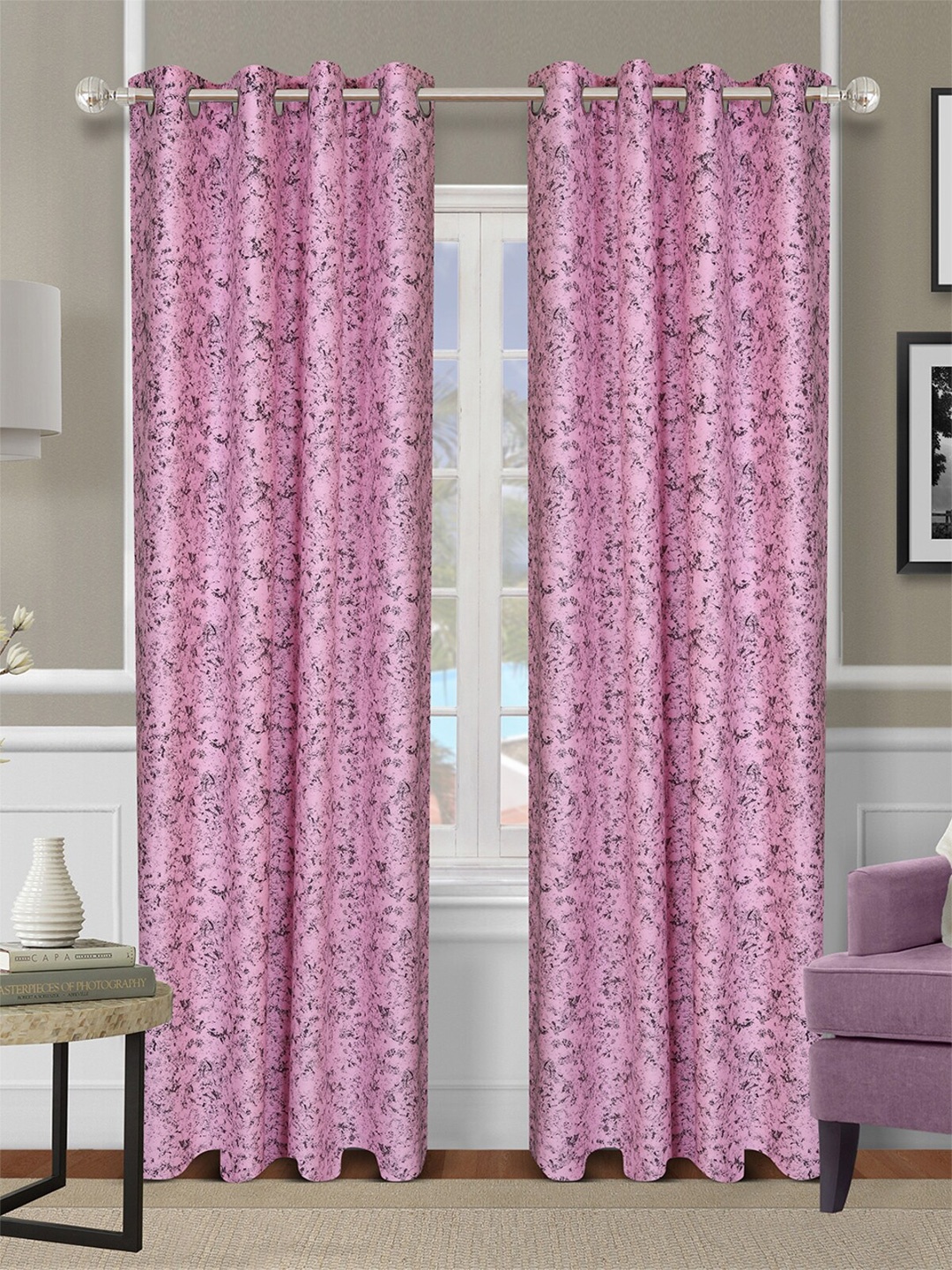 

ROMEE Pink & Black Set of 2 Self Design Room Darkening Door Curtain