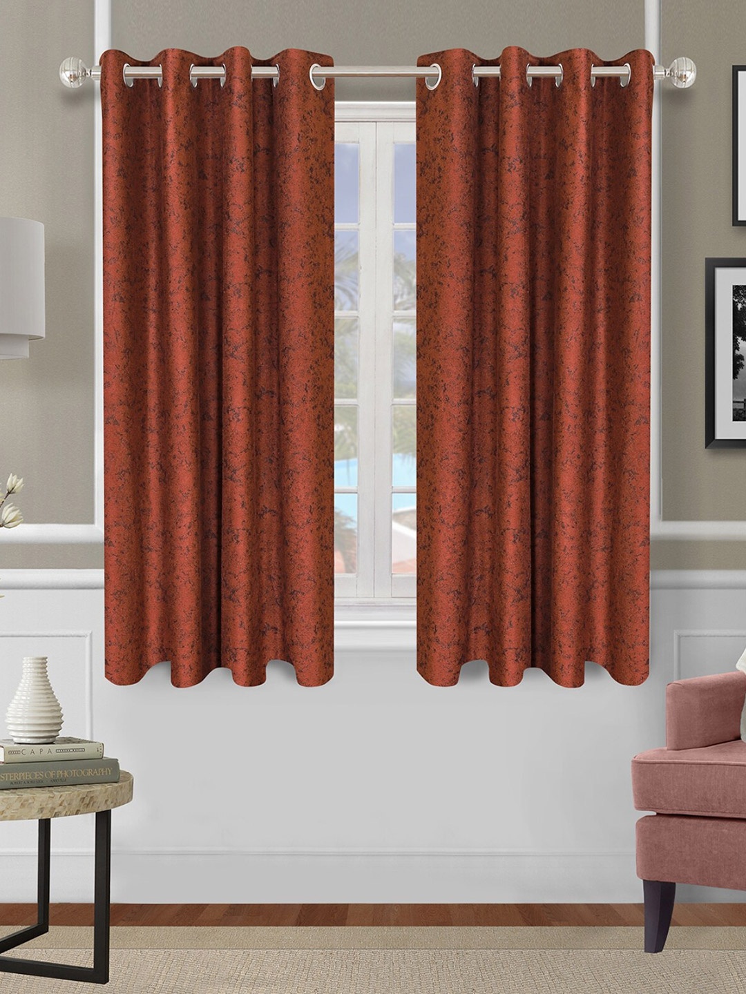 

ROMEE Brown Set of 2 Self Design Room Darkening Window Curtain